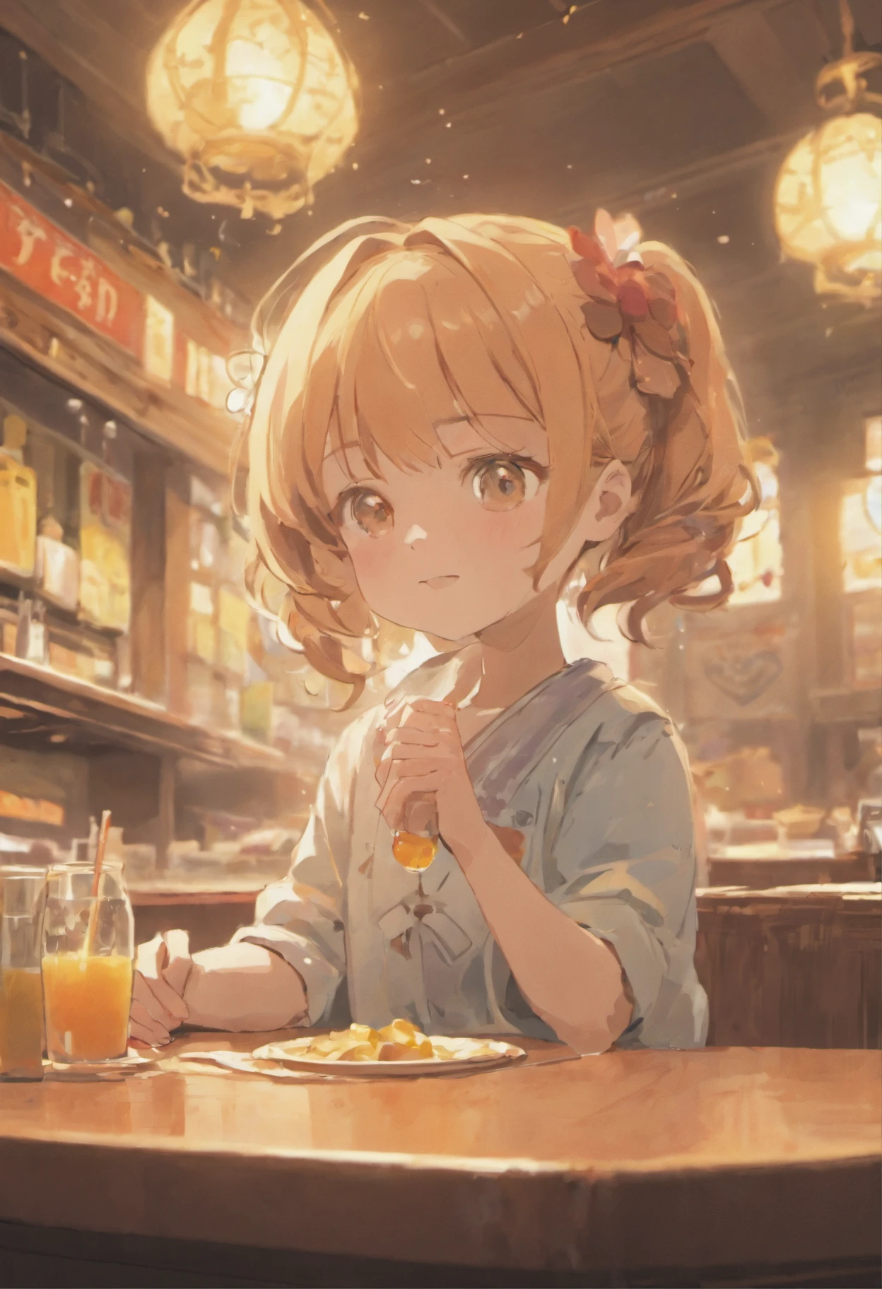 Western-style restaurant, A 5-year-old girl sits at a dining table, ssmile, Juice on the table,Western breakfast on the plate, Sunlight outside the window.