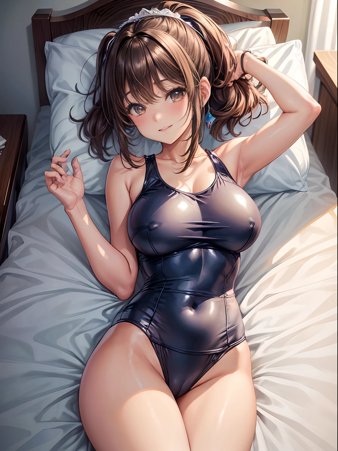 (top-quality: 1.3), (masterpiece: 1.3), (The ultra-detailliert: 1.3), (wall-paper, one girls: 1.1), (Detailed hands and fingers:1.2)、(Detailed ultra-oily shiny skin:1.1)、oily shiny thighhigh、Navy blue school swimsuit、Raw feet、(Love hotel rooms:1.3)、Brown hair、ssmile、(Beautiful Large Breasts:1.4)、Medium Hair、poneyTail、sexypose、Lying in bed with your head on a fluffy pillow
