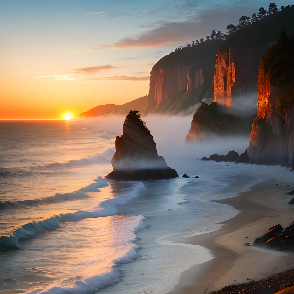 Sunrise on the coast, rocky cliff, light fog, waves