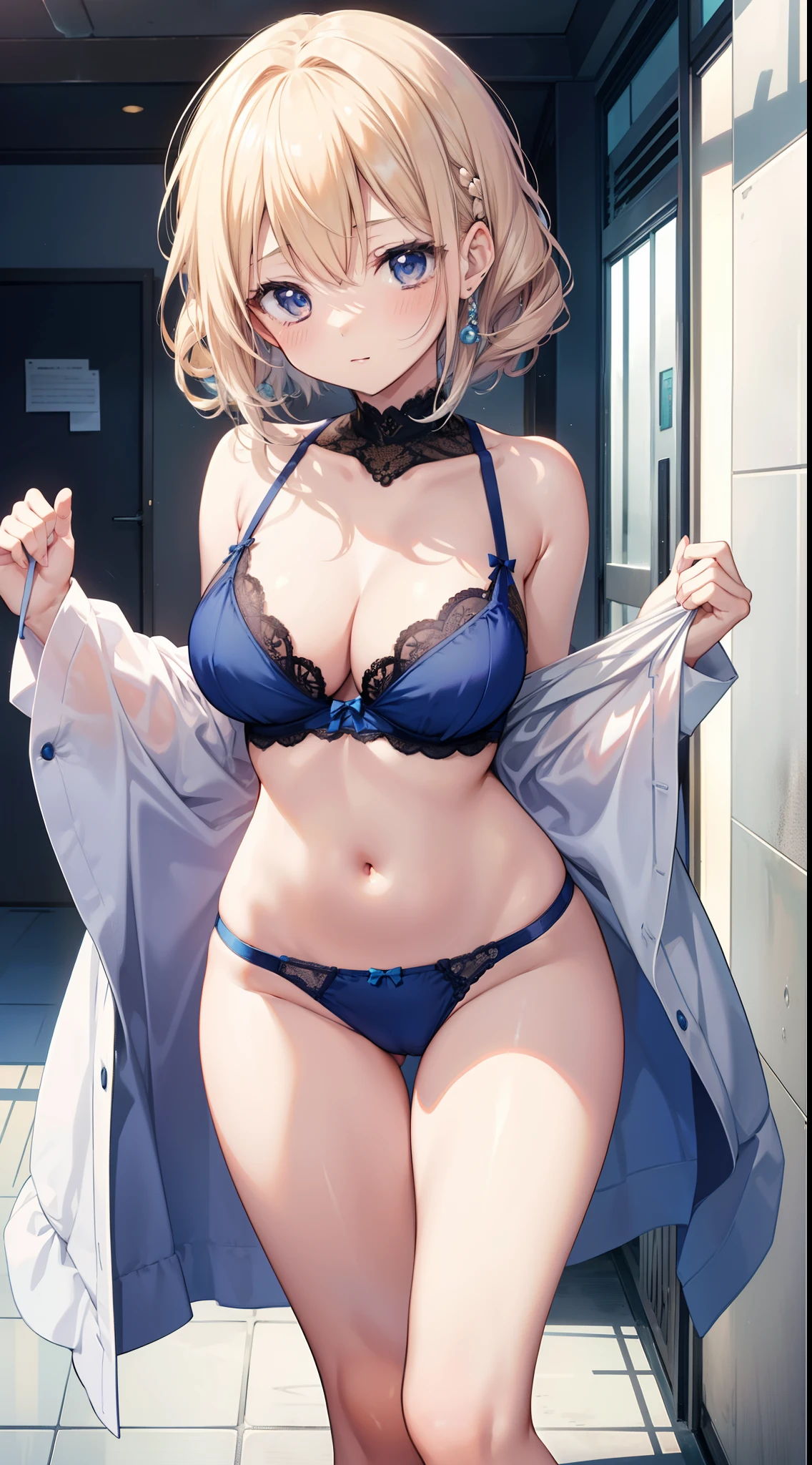 masutepiece、hight resolution、1girl in、in one's underwear only、Blue lingerie、large full breasts、bending forward、Poses that emphasize breasts、Cute anime illustration、