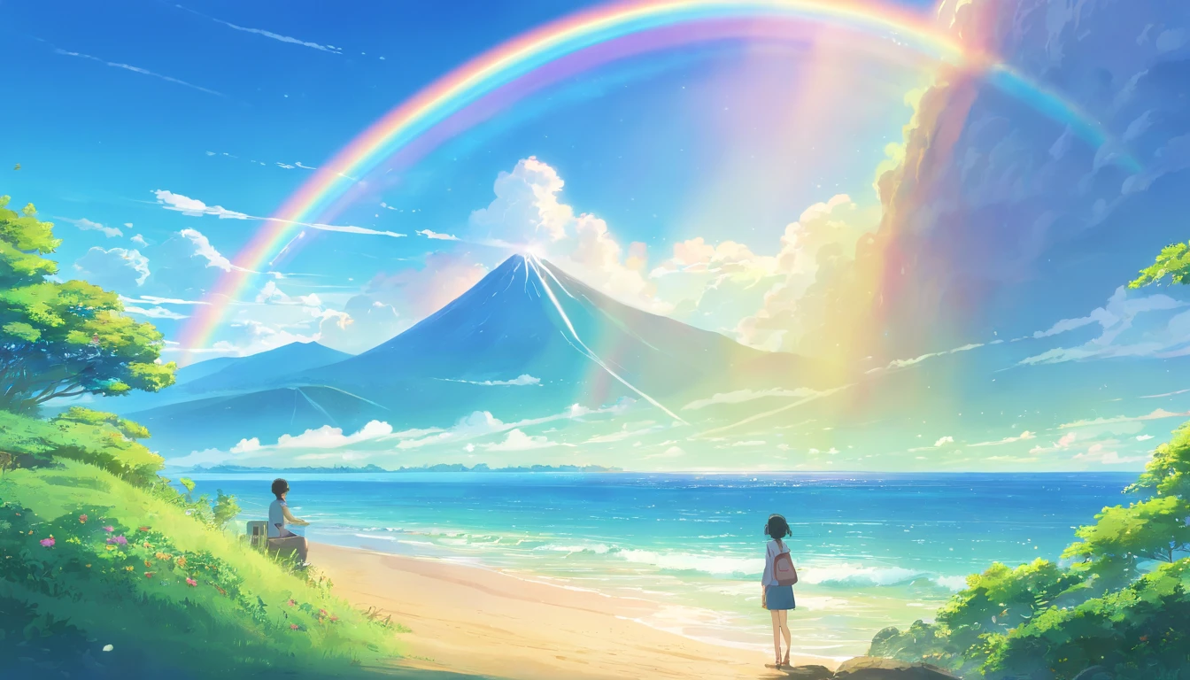 landscape,rainbow in the sky,A luxurious horizon,Sparkling seawater,Lush greenery,exotic plants,Fantasy world,Enchanting atmosphere,shining sun,Soft clouds,dreamlike landscapes,magical aura,serenity and calm,Untapped beauty,A harmonious blend of tones,Endless wonders,Best quality,4K,8K,A high resolution,Masterpiece:1.2,Vibrant colors,