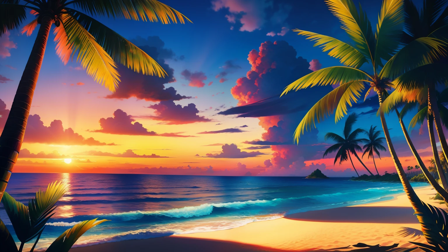 A painting of a sunset on a tropical beach with palm trees - SeaArt AI