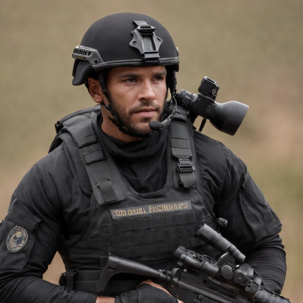 full body, A Navy SEAL. Clad in a sleek black tactical uniform and donning combat gear. Wears a tactical vest adorned with ammunition and equipment pouches. He embodies the qualities of a highly trained and skilled warrior