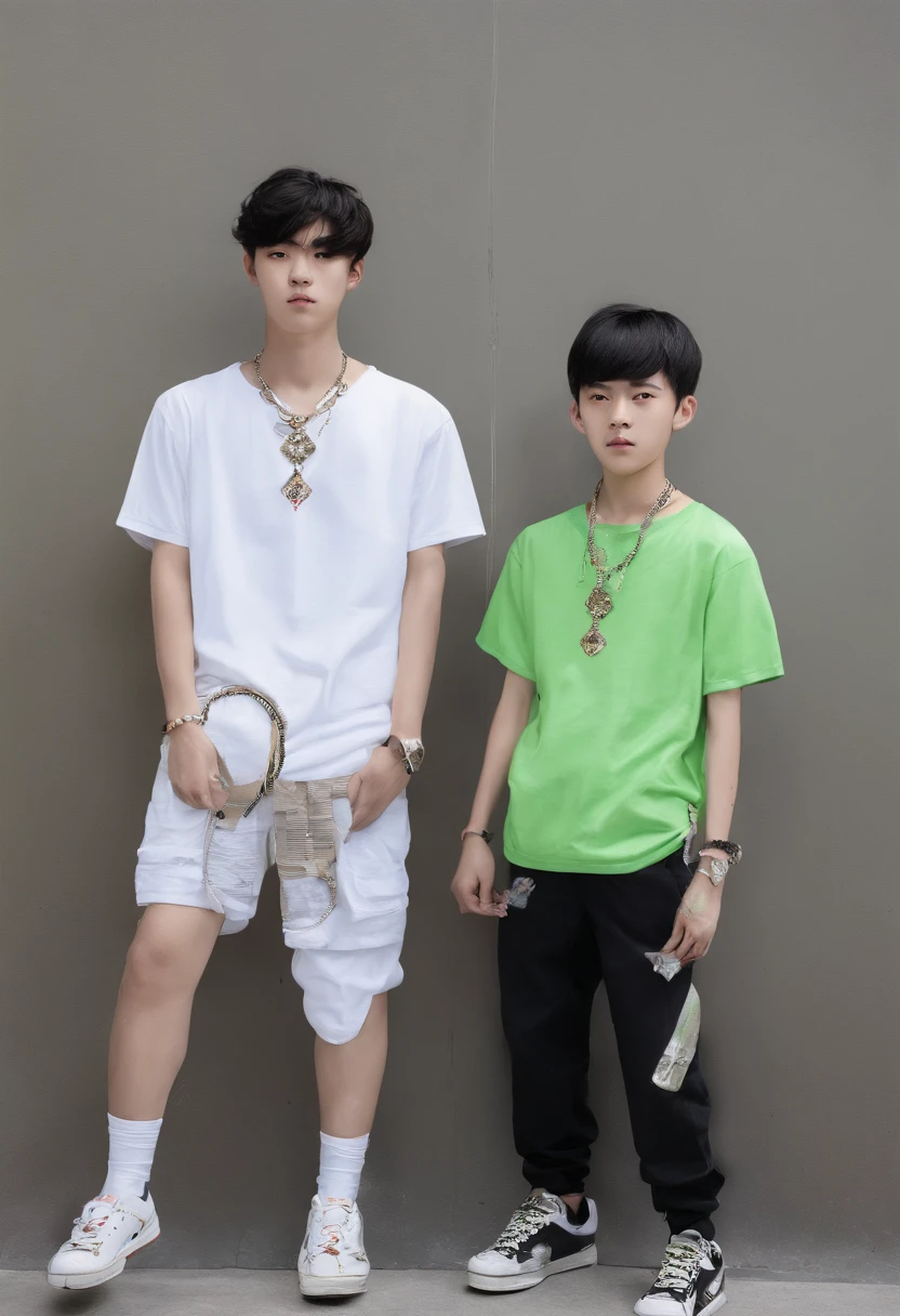 Two Chinese boys，18yr old，Sunny and handsome，Black hair，With stud earrings，choker necklace