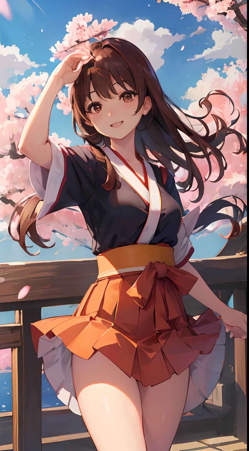 Masterpiece, (Best quality:1.4), Best Illustration, Best shadow, (Beautiful detailed:1.4), finely detailed, (Dramaticlight:0.9), hdr, Ray traching, Intricate details, Cherry blossoms, the cherry trees, (floating sakura), Blue sky, White cloud, 1girll, Solo, Break, (hiryuuchan:1.22), Cowboy shot, Smile, Long hair, (one side up), Medium breasts, (Wind:1.33), hakama short skirt, Hakama skirt, Miniskirt, (Orange) komono, hand on own head, Perspective, Brown hair, Brown eyes, view the viewer,