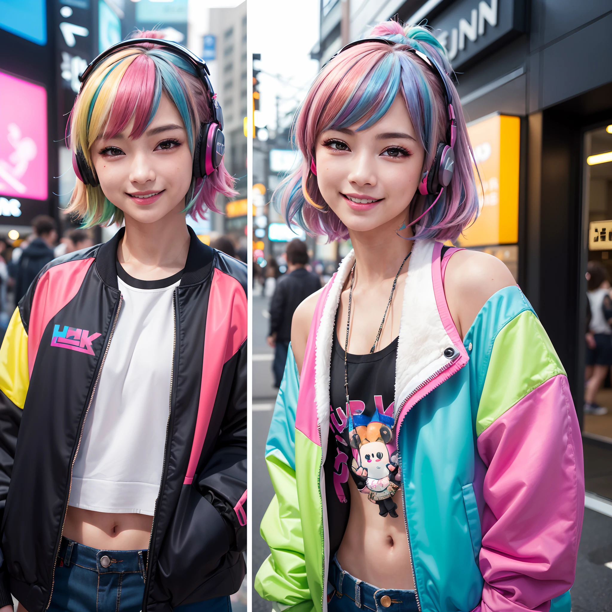 (2 smiling Harajuku pop idol fashion girls in 8K、RAW Photos、top-quality、​masterpiece:1.2)、(realistic、Photorealistic:1.37)、ultra-detailed、超A high resolution、独奏、rainbow hair、tech jacket、straight haired、headphones、Long、neons、cyberpunk