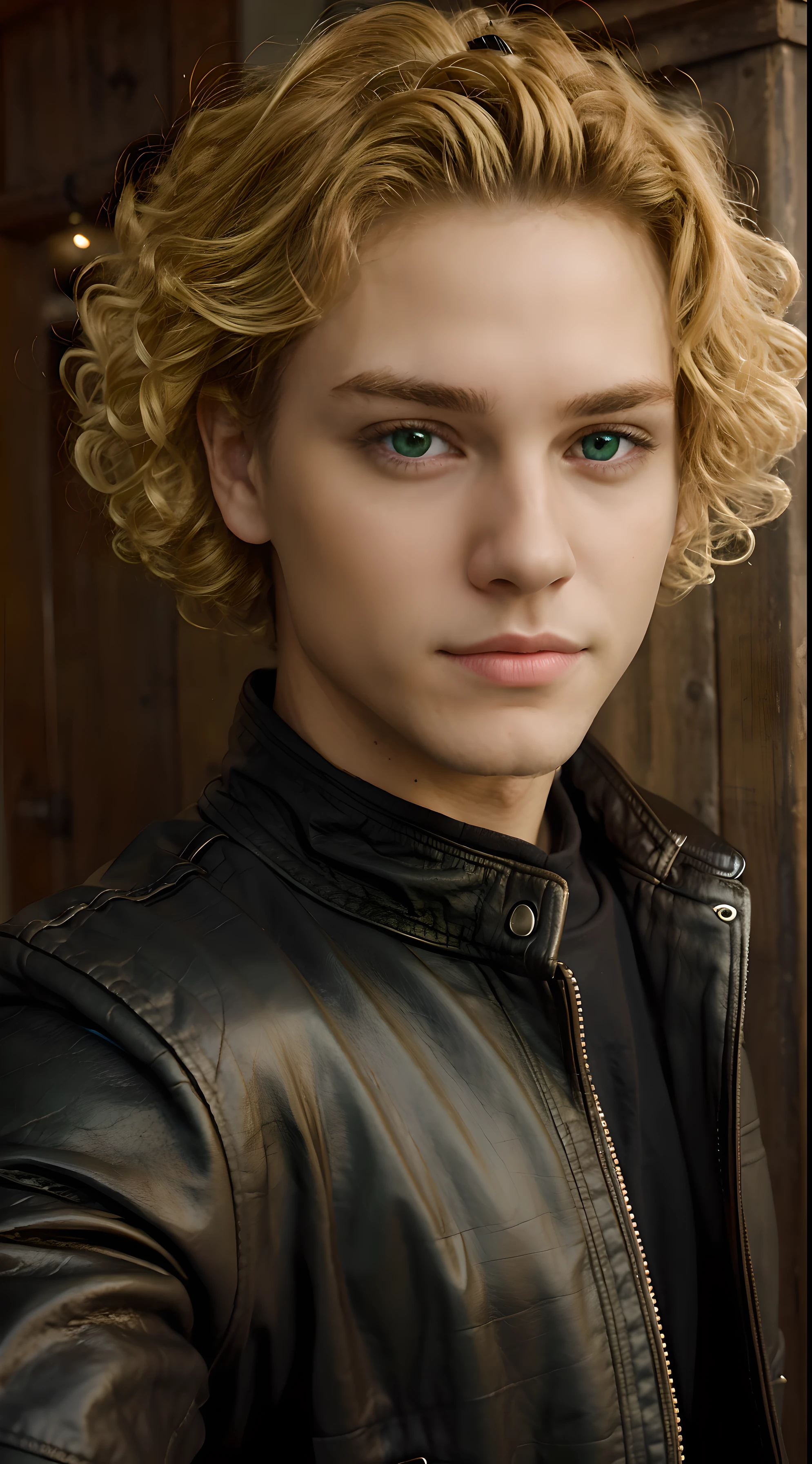 close up selfie, young man, (blonde curly hair:1.3), green eyes, clean shaved, cute, beautiful, skinny, leather jacket