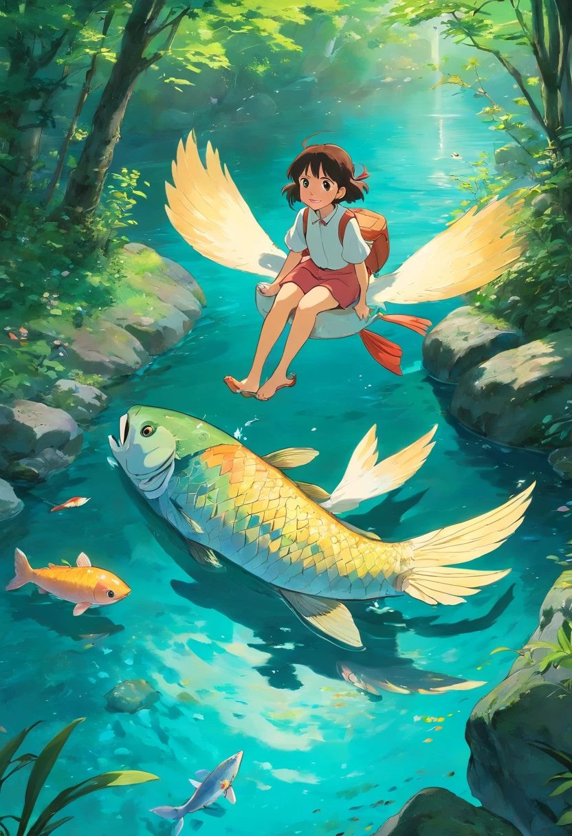 The girl with wings rides a big fish in a creek