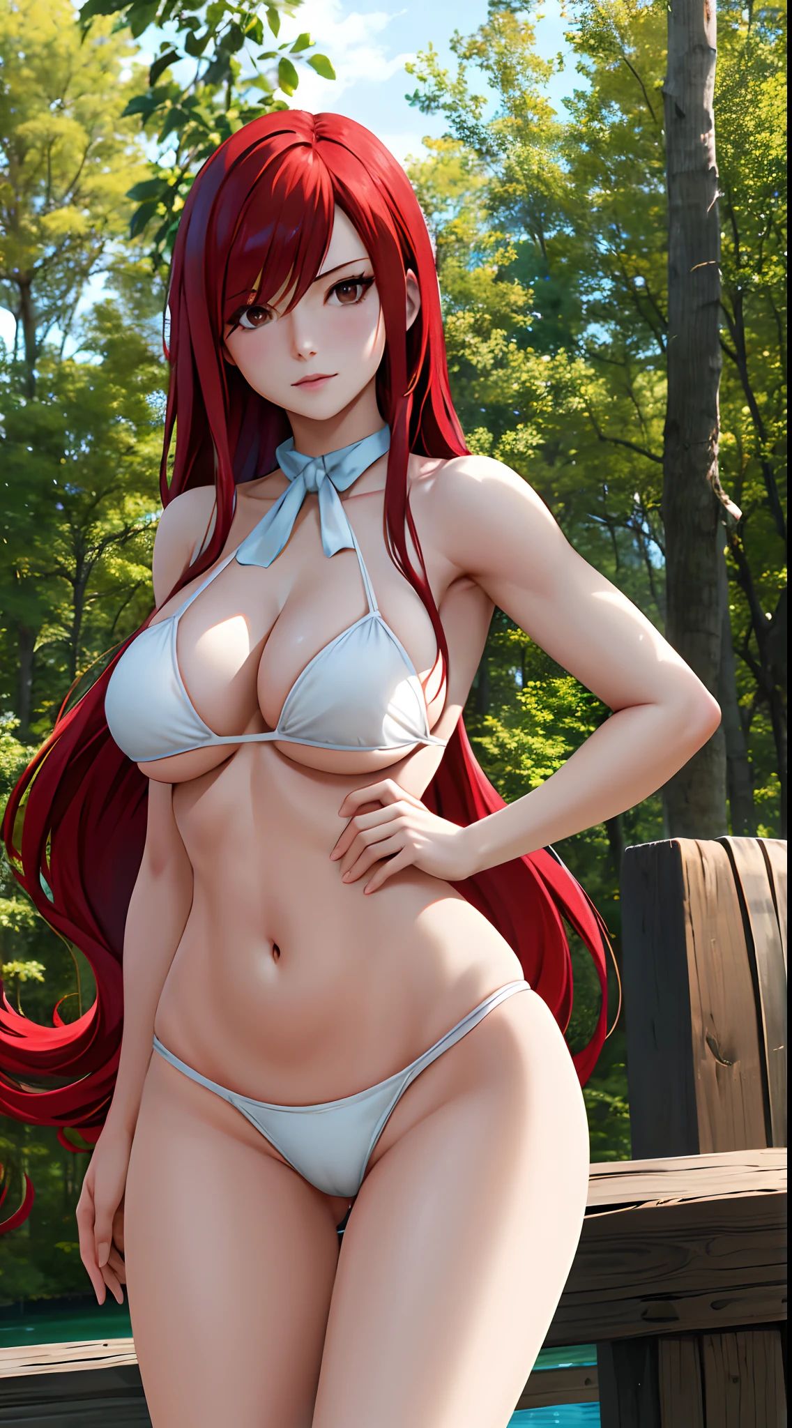 eyes shining, natural light, cinematic light, realistic body, detailed body, detailed eyes, realistic face, masterpiece,  high quality, 8k, best quality,white bikini,masterpiece, best quality, highres, fairy tail, 1girl, long hair, red hair, brown eyes, neck ribbon, hair over one eye, cowboy shot, standing, outdoors