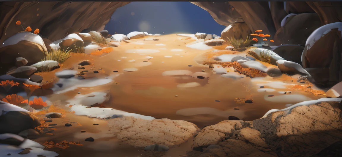 the ground,warm,Rock texture,The texture is clear,There is soil on the ground,Young shoots grow in the soil(speleothems),fanciful,Natural sunlight from the magic sphere,Ray traching,diffuselighting,vivd colour,Rochas(The is very detailed,finely detailled,iintricate),8K分辨率,