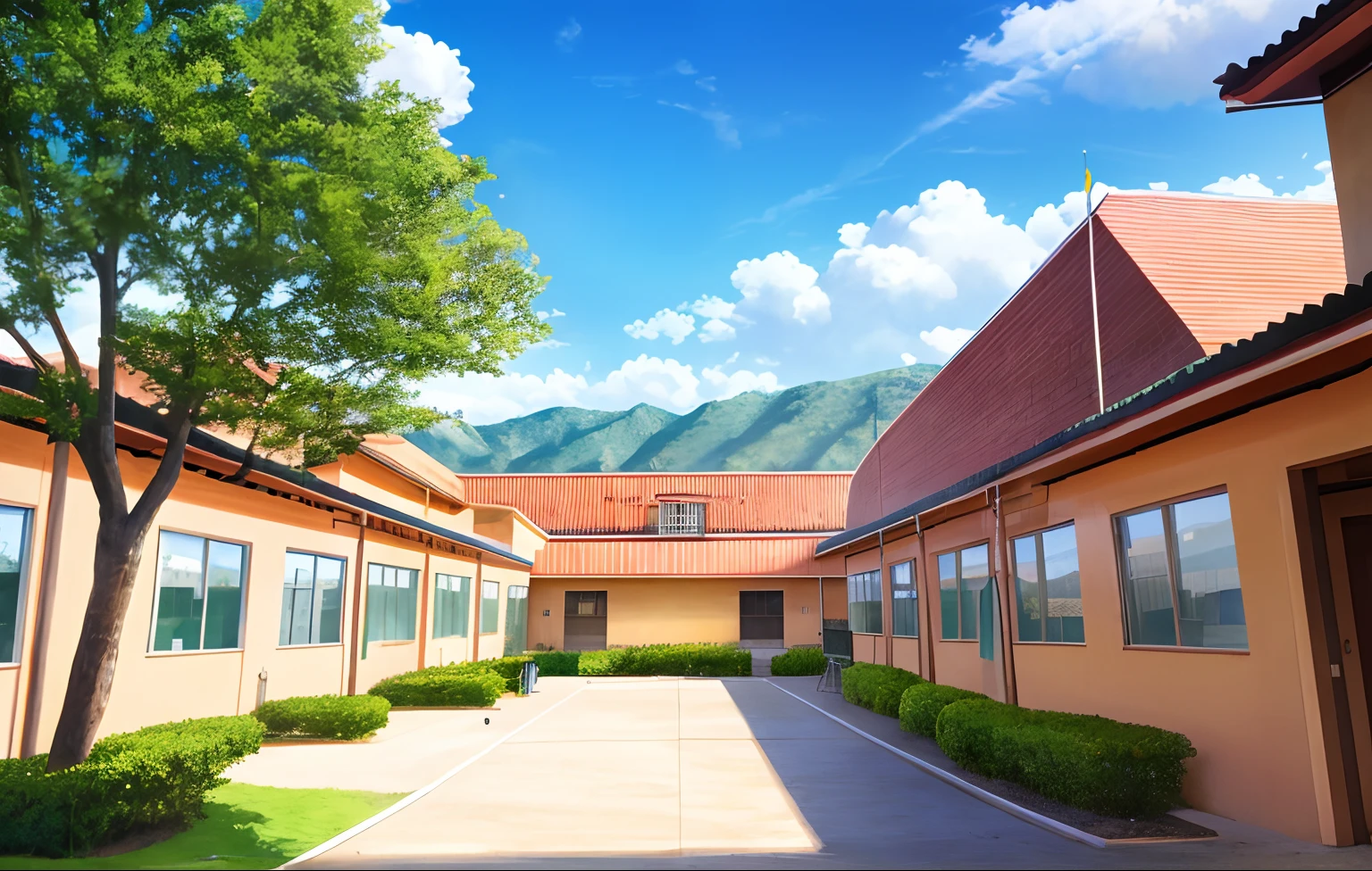 scenery, school, village, grand, vista, warm, sunny, blue sky