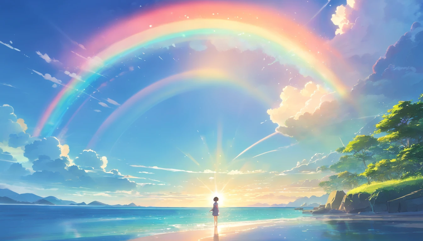 landscape,rainbow in the sky,A luxurious horizon,Sparkling seawater,Lush greenery,exotic plants,mysterious creature,Fantasy world,Enchanting atmosphere,shining sun,Soft clouds,dreamlike landscapes,magical aura,serenity and calm,Untapped beauty,A harmonious blend of tones,Endless wonders,Best quality,4K,8K,A high resolution,Masterpiece:1.2,Vibrant colors,