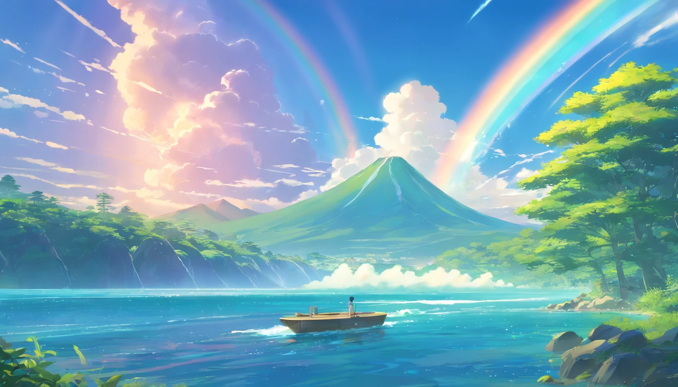 landscape,rainbow in the sky,A luxurious horizon,Sparkling seawater,Lush greenery,exotic plants,mysterious creature,Fantasy world,Enchanting atmosphere,shining sun,Soft clouds,dreamlike landscapes,magical aura,serenity and calm,Untapped beauty,A harmonious blend of tones,Endless wonders,Best quality,4K,8K,A high resolution,Masterpiece:1.2,Vibrant colors,