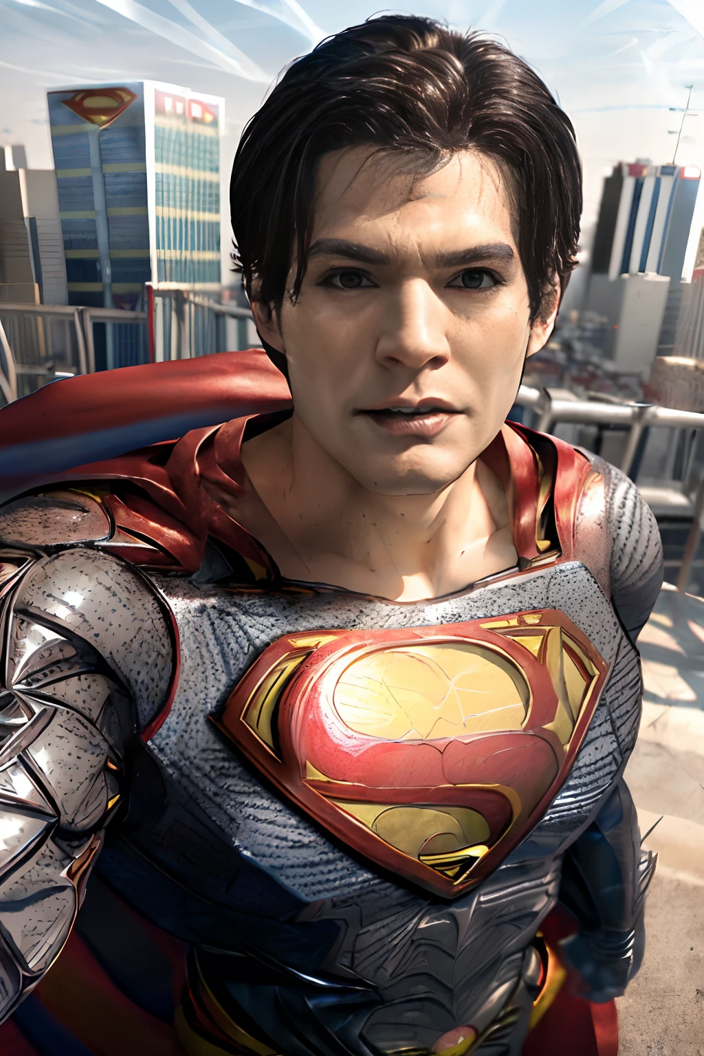 1boy, (superman:1.5), abs, bara, black hair, blue bodysuit, blue eyes, bodysuit, cape, closed mouth, crossed arms, large pectorals, male focus, muscular, muscular male, pectoral lift, pectorals, red cape, short hair, outdoors, skyscrapers, solo, superhero, upper body , ((masterpiece))