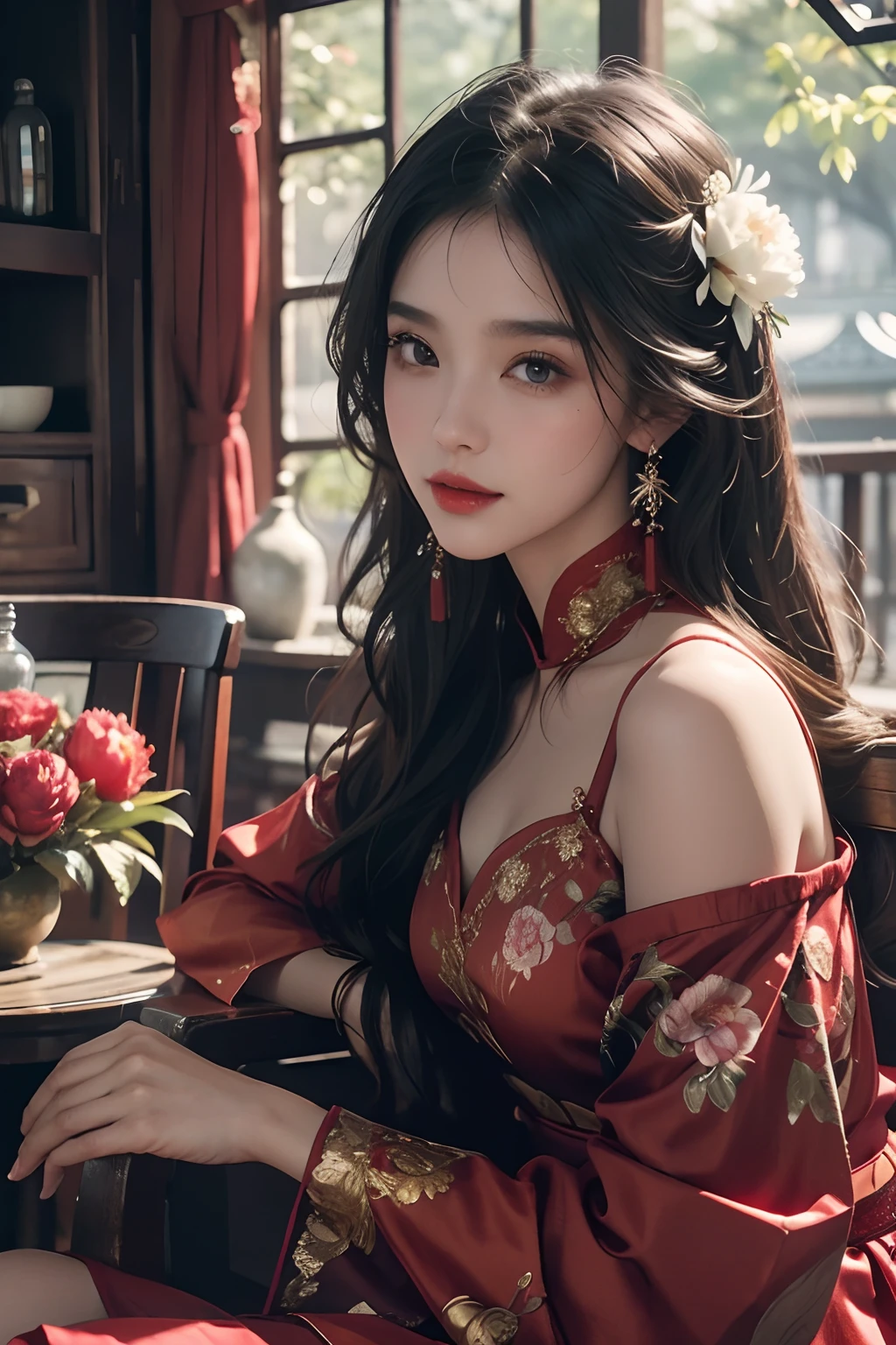butterflys, 1 adult female，Solo,Chinese antique lanterns，Peony flower ，Flowing sleeves,Antique clothes in red and black , Inside the inn, Quaint hostel,Chinese ancient style，tables and chairs, Big stage, sitted, full bodyesbian,Antique satin，softlighting，（The picture is hazy），（No lipstick）,Look at the audience from the side，small tits，（Hair coiled）,White color hair，(realisticlying)，(Realistic),ssmile，(8K、RAW photography、top-quality、tmasterpiece:1.2)