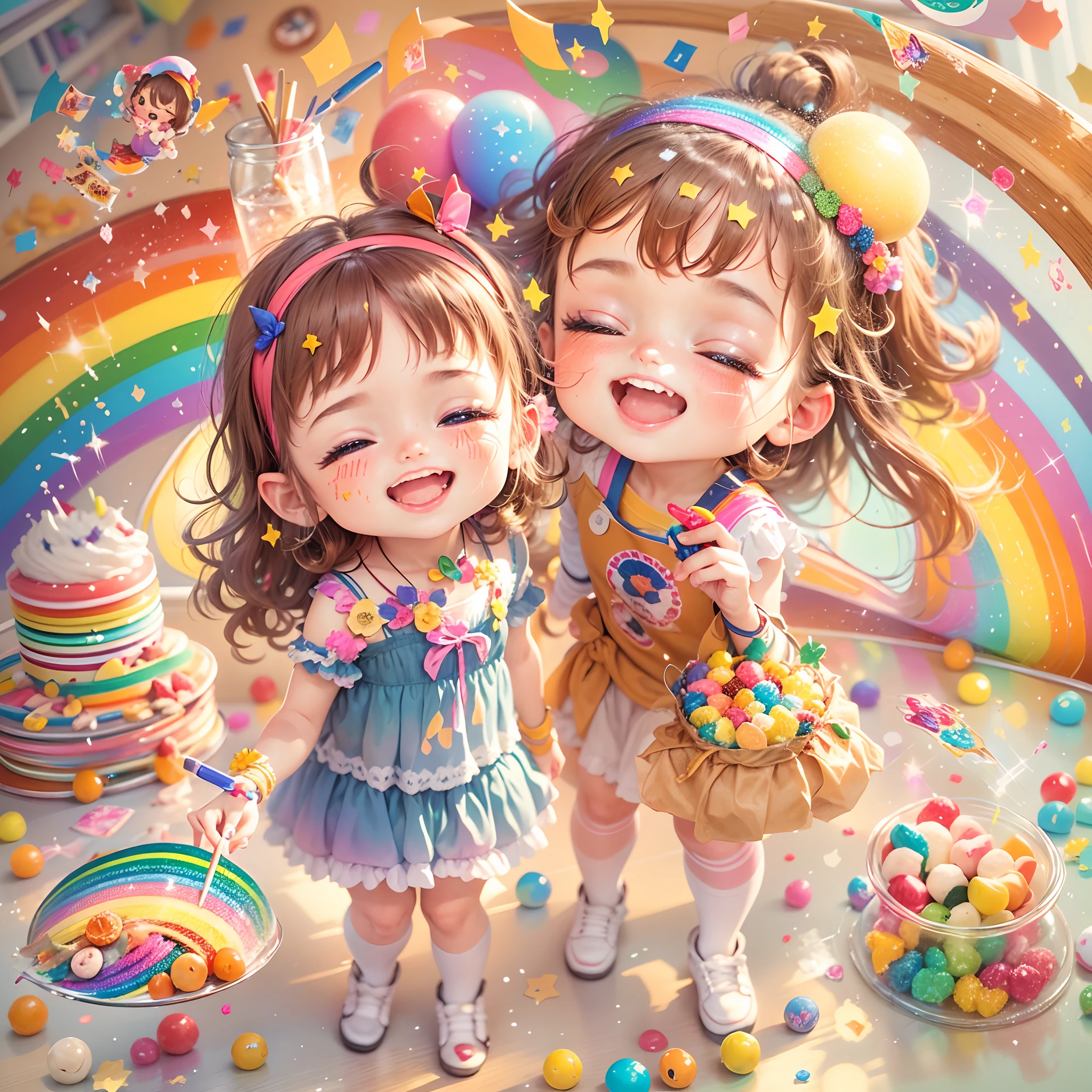 Kindergarten rainbow theme activities,Classroom,girl,Colorful brushes,Joyful laughter,bright vibrant colors,Artistic expression and creativity,Full of happiness and excitement,Cheerful and fun atmosphere,Beautifully decorated classroom walls,Paper cuts and crafts hang on the ceiling,With a giant rainbow painting as the core,Expressive and imaginative artwork,Glitter and glitter add a magical touch,Cute rainbow themed snacks and snacks,Unforgettable and heartwarming moments,Best quality,high resolution,Masterpiece,Ultra-detailed,Realistic,Portrait style,Vivid and vibrant colors,Warm and soft lighting