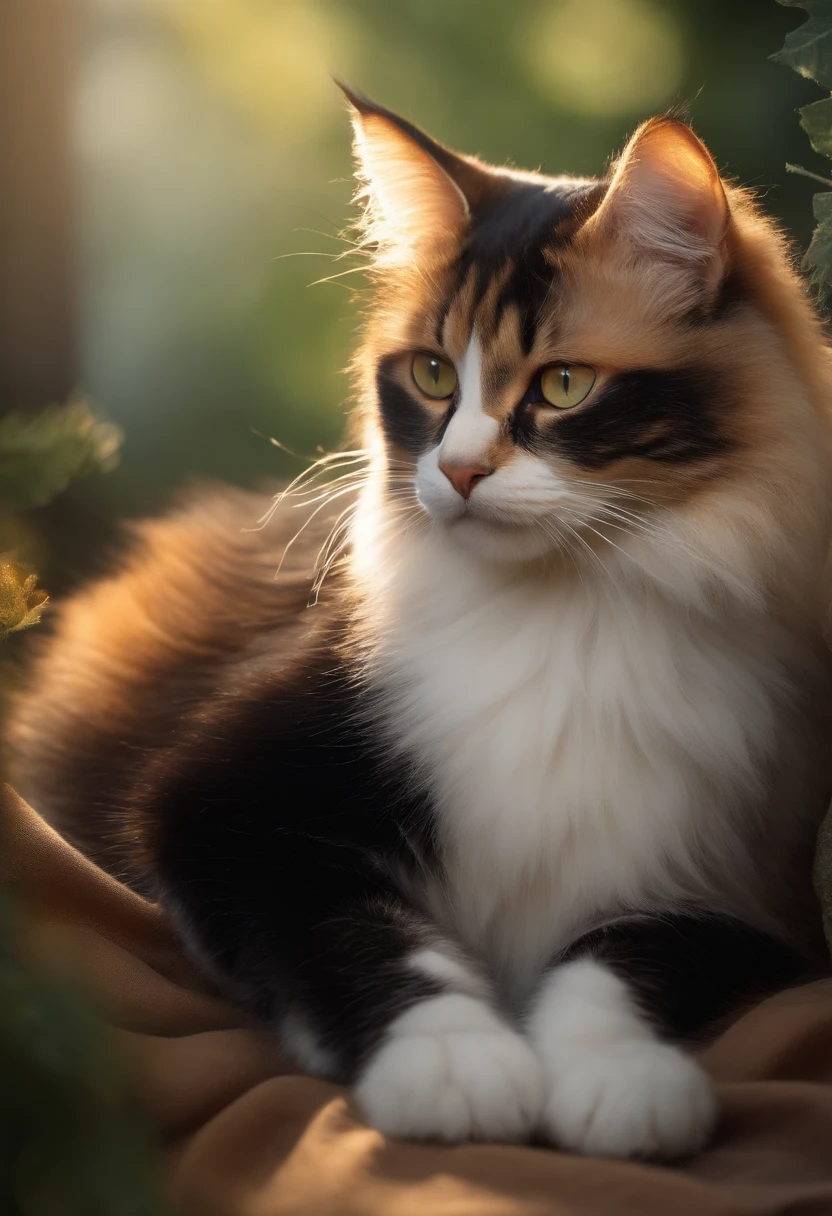 A fluffy cat,playful,curious,bright amber eyes,soft black fur,whiskers twitching,stretching in a sunbeam,feline grace and elegance,(best quality,4k,highres),vivid colors,lively and energetic,artistic illustrations and watercolor paintings,dreamy and whimsical,subtle pastel hues,soft lighting,bokeh