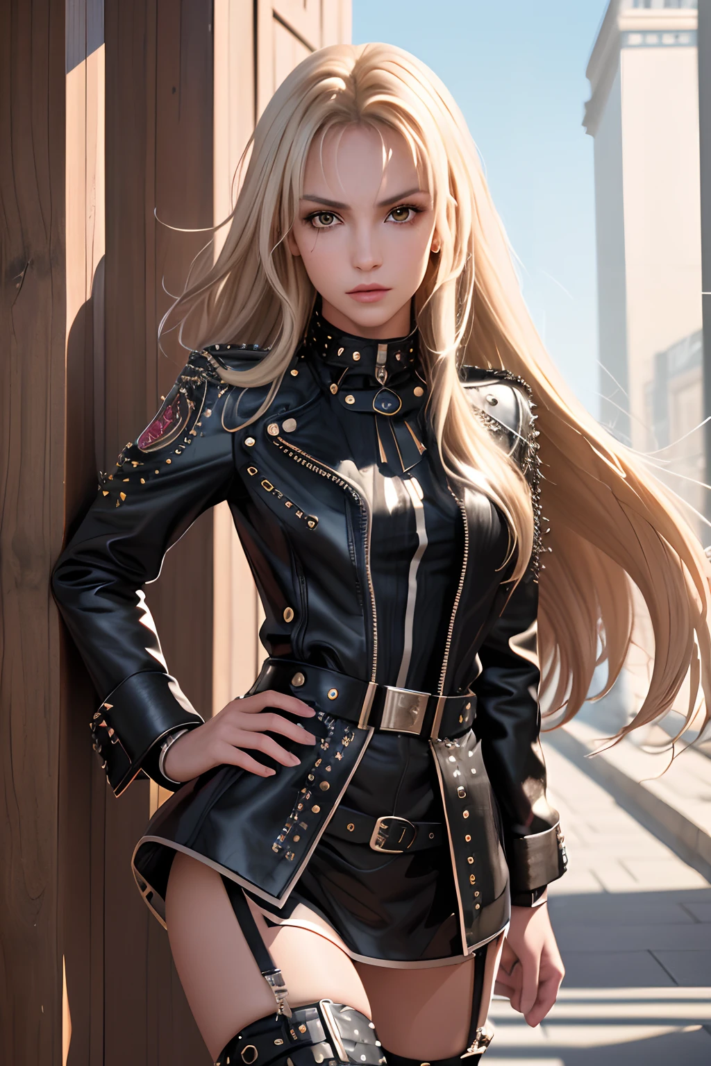 (best quality,hight resolution,Meisterwerk:1.2), Britney Spears,beautiful detailed face,flowing long hair, stylish studded belt,Edgy Lederjacke,Elegante Lederstiefel,schicker Lederrock,Entschlossener Blick,