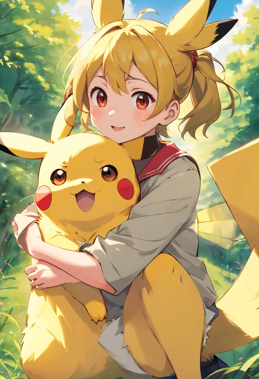 tmasterpiece,best qualtiy,cinematic Film still from,Pikachu,salama,Being held in the arms of a girl,Floating in the sky,closeup cleavage,brightly,cheerfulness,Warm and soft lighting,the sunset,(spark of light:0.7)