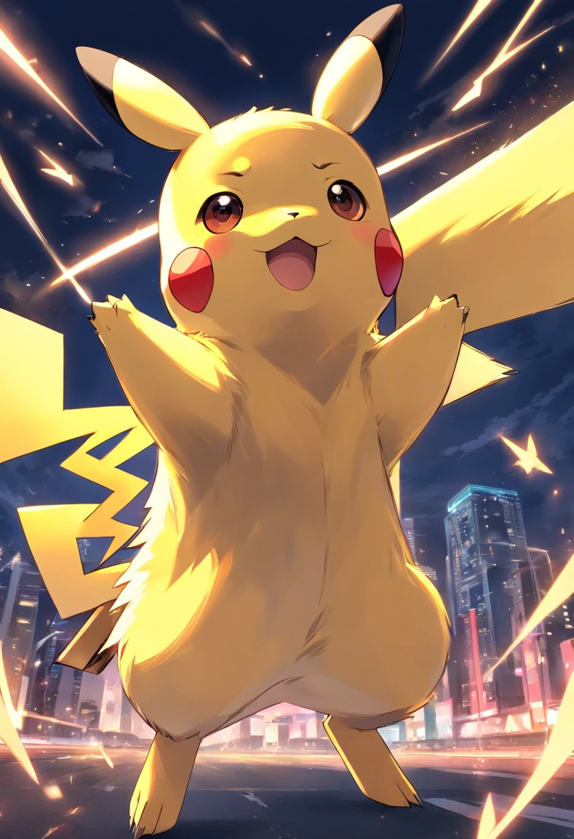 Pikachu is playful and cute，Lively and agile，Yellow soft hairs，Red blush，sparkling big eyes，Cute little pointy ears