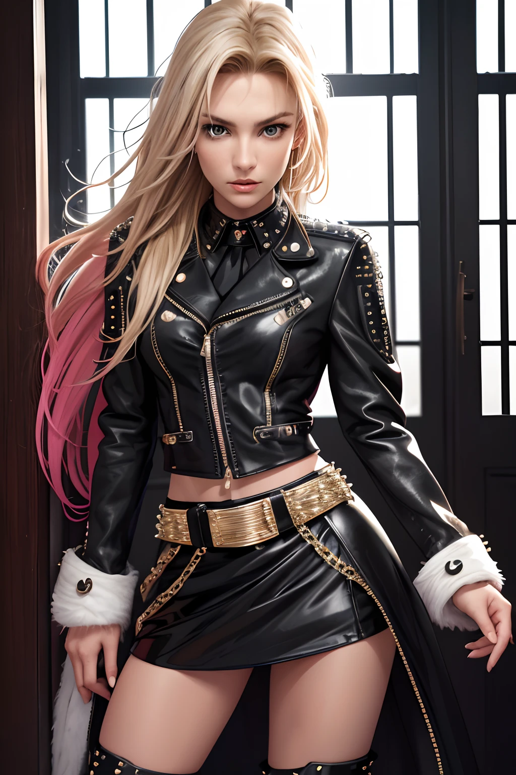 (best quality,hight resolution,Meisterwerk:1.2), Britney Spears,beautiful detailed face,flowing long hair, stylish studded belt,Edgy Lederjacke,Elegante Lederstiefel,schicker Lederrock,Entschlossener Blick,