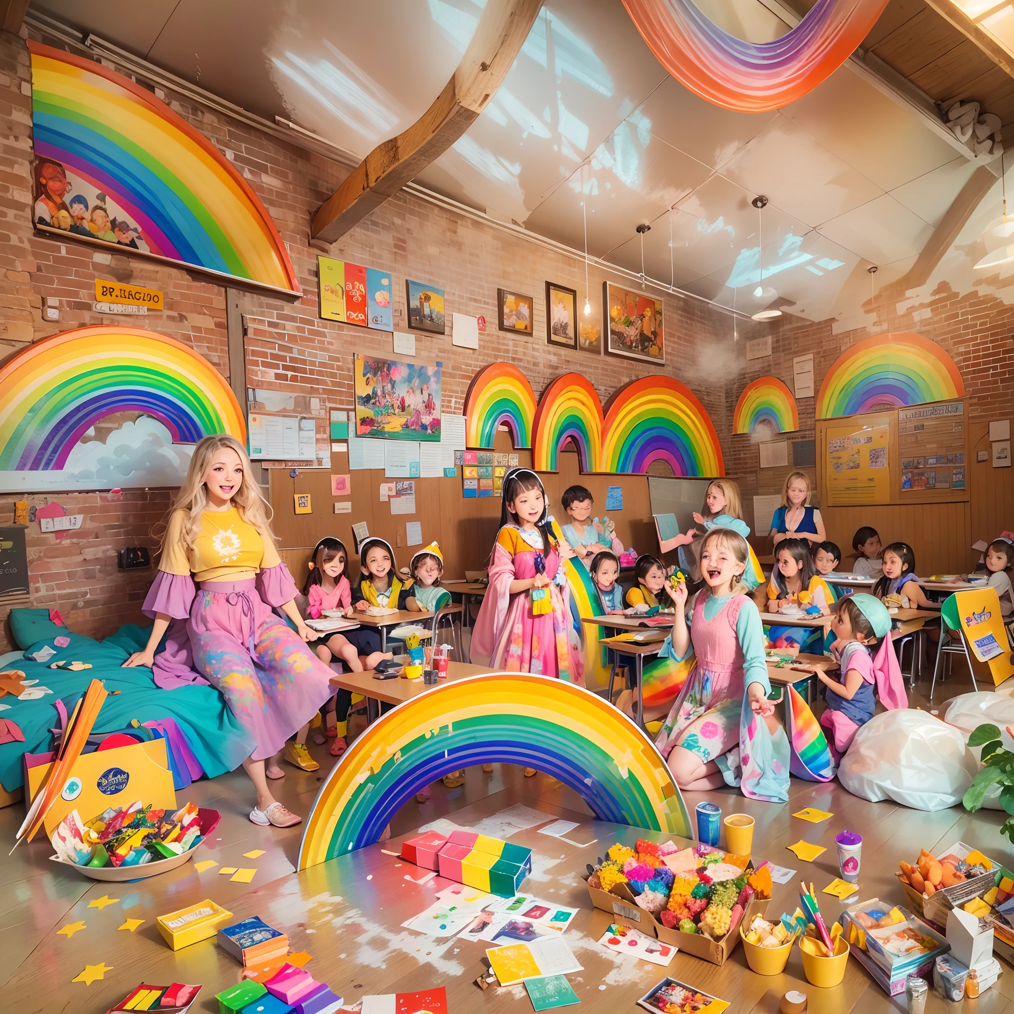 rainbow theme activities,Classroom,Colorful brushes,Joyful laughter,bright vibrant colors,Artistic expression and creativity,Children in rainbow color costumes,Cheerful and fun atmosphere,Beautifully decorated classroom walls,Paper cuts and crafts hang on the ceiling,With a giant rainbow painting as the core,Expressive and imaginative artwork,Glitter and glitter add a magical touch,Cute rainbow themed snacks and snacks,Unforgettable and heartwarming moments,Best quality,high resolution,Masterpiece,Ultra-detailed,Realistic,Portrait style,Vivid and vibrant colors,Warm and soft lighting