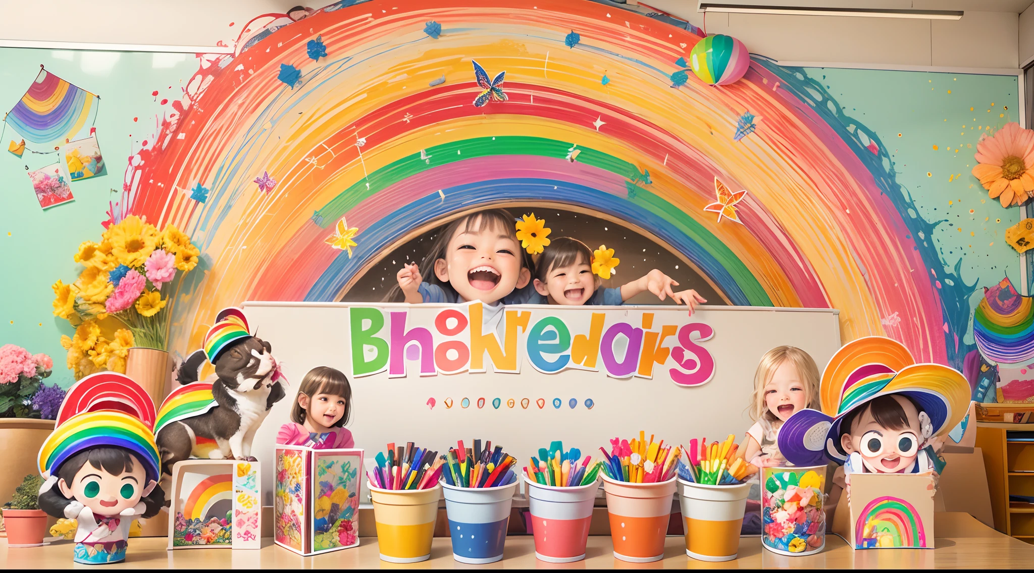 Kindergarten rainbow theme activities,Classroom,Colorful brushes,Joyful laughter,bright vibrant colors,Artistic expression and creativity,Children in rainbow color costumes,Cheerful and fun atmosphere,Beautifully decorated classroom walls,Paper cuts and crafts hang on the ceiling,With a giant rainbow painting as the core,Expressive and imaginative artwork,Glitter and glitter add a magical touch,Cute rainbow themed snacks and snacks,Unforgettable and heartwarming moments,Best quality,high resolution,Masterpiece,Ultra-detailed,Realistic,Portrait style,Vivid and vibrant colors,Warm and soft lighting