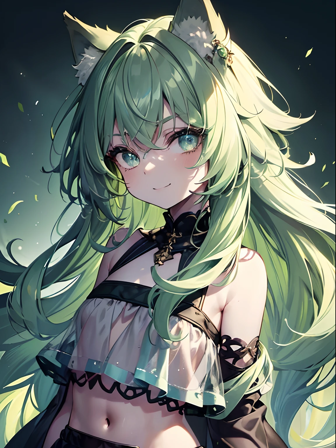 1 girl,Best quality, tmasterpiece, Long green hair, beautiful,detailed eyes, HD, super cute girl, super cute hairstyle, extremely detailed, Visually inspect the audience, The face is slightly red,is shy,adolable,Lori small breasts cleavage,white dresses, skirt, pleated skirt, frills, frilled bra, (solo:1.6), seductive smile, (green eyes with beautiful pupils:1.7), (on her knees:1.5)