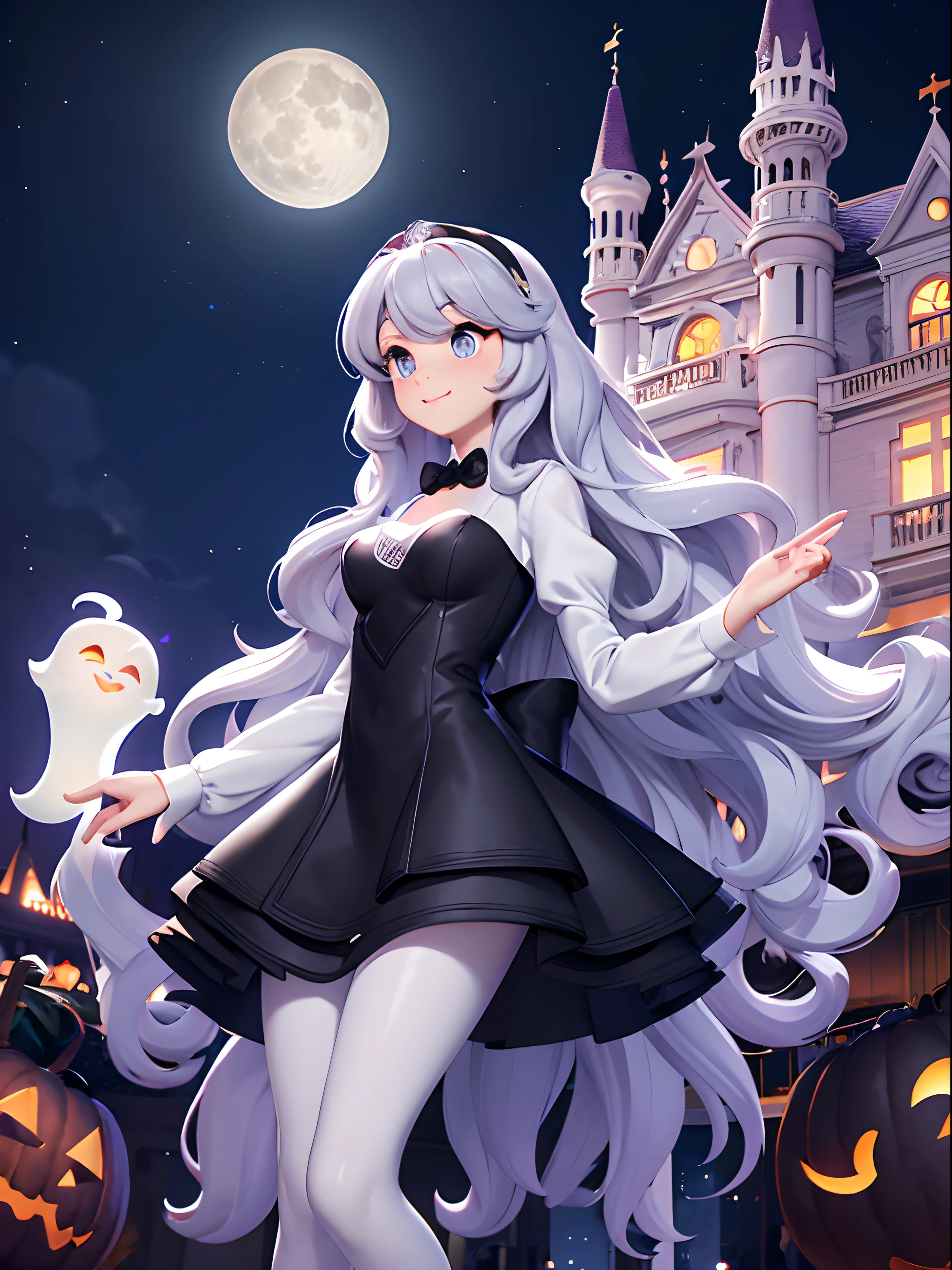 White style of a Disney Pixar cartoon, lavender wavy hair, grey eyes, black silk dress dancing infront of a historic haunted mansion , digital illustration, high resolution, pumpkins , halloween pumkins,white ghosts flying around , ominous vibes,smoke, prism and glitter, full moon,magical