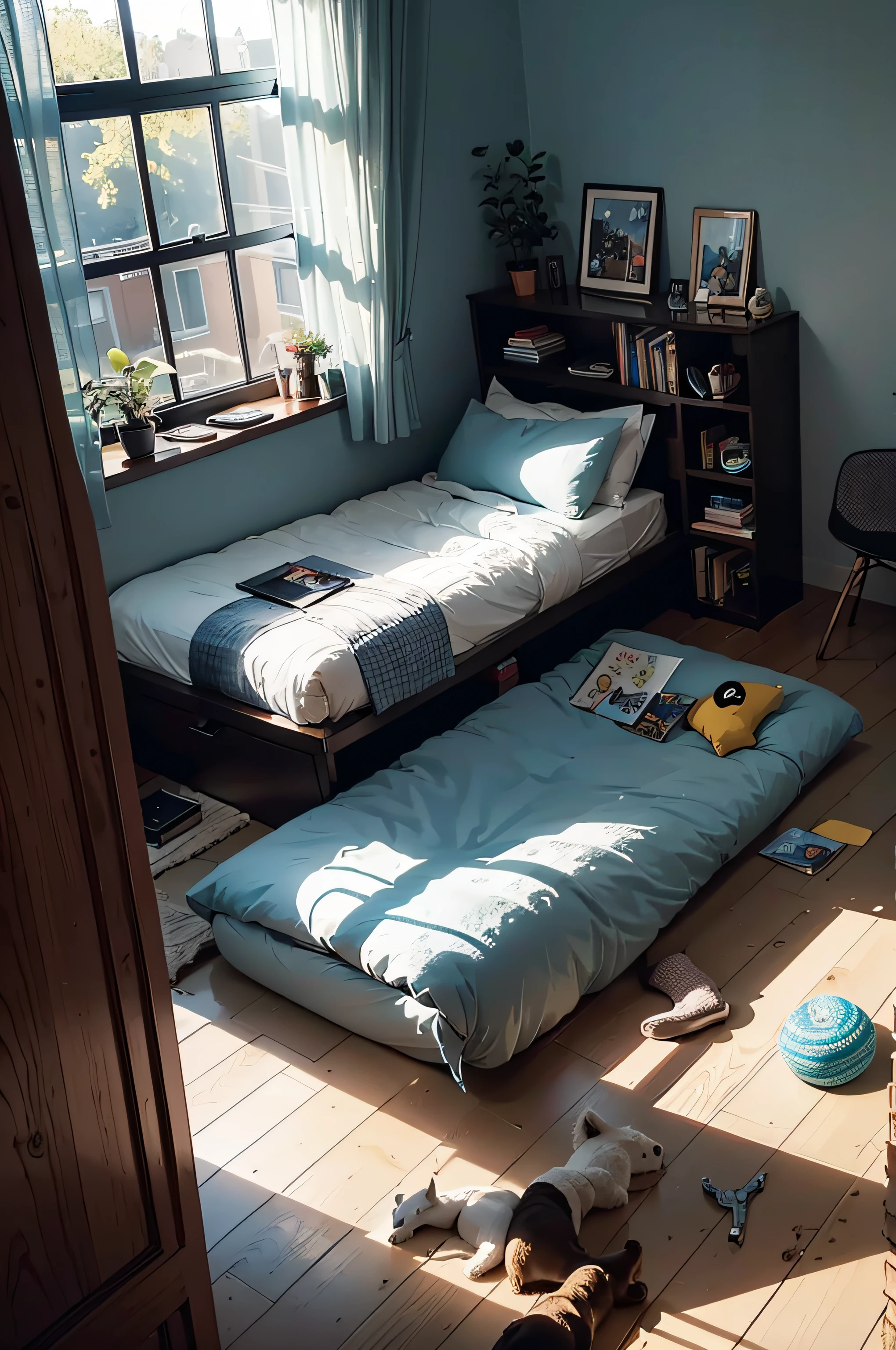 (Best quality,Ultra-detailed,),Wide-angle view,Room on rainy days,Games room,Bed in bedroom,Behind is the window,In front of the window are computers and monitors,There are many toy figures and books,The room was slightly cluttered,But the whole is still very cozy,The overall light and shadow of the room are dark,Because it's raining outside