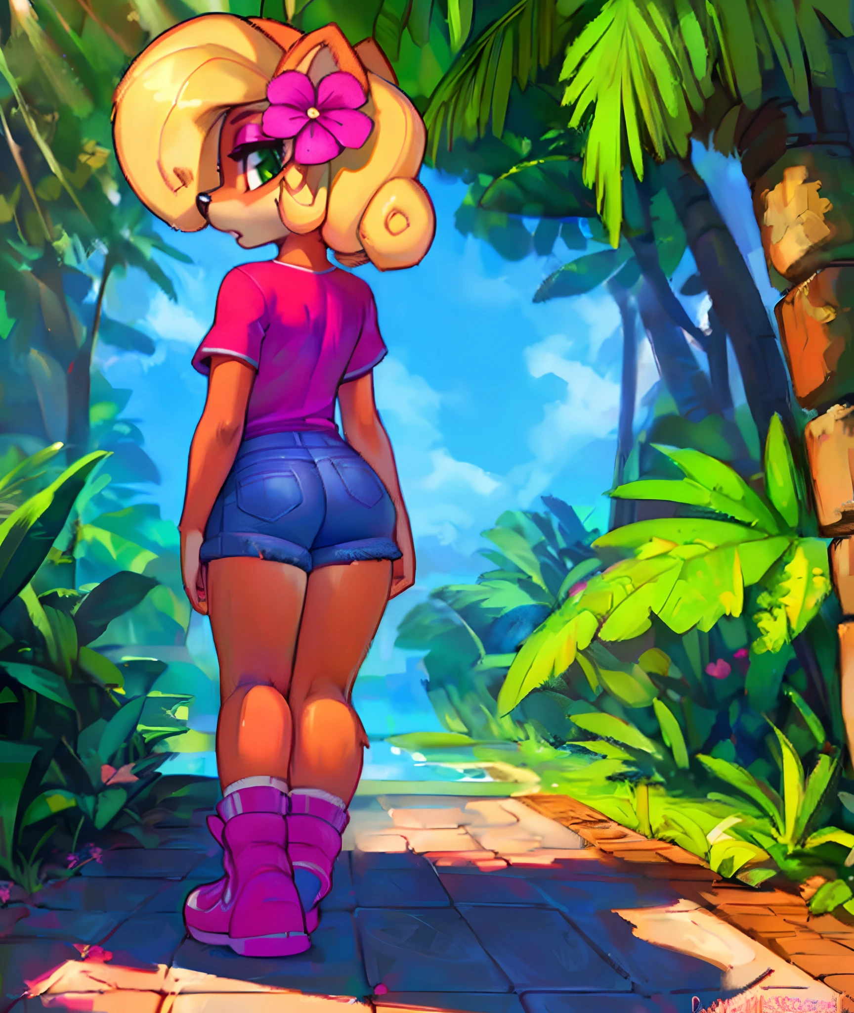 [Coco bandicoot], [Uploaded to e621.net; (Pixelsketcher), (wamudraws)], ((masterpiece)), ((high quality)), ((HD)), ((solo portrait)), ((full body)), ((front view)), ((furry; anthro)), ((detailed fur)), ((detailed shading)), ((beautiful render art)), ((back view)), ((shoes visible)), ((intricate details)), {anthro; orange fur, black nose, (cute half-closed green eyes), (pink eyeshadow), (expressionless), long blonde curly hair}, {(red tee shirt), (tight denim shorts), (pink sneakers), (pink flower on head)}, {(standing), (arms at sides), (looking back)}, [background; (tropical forest), (trees), (sun rays), (pink laptop)]