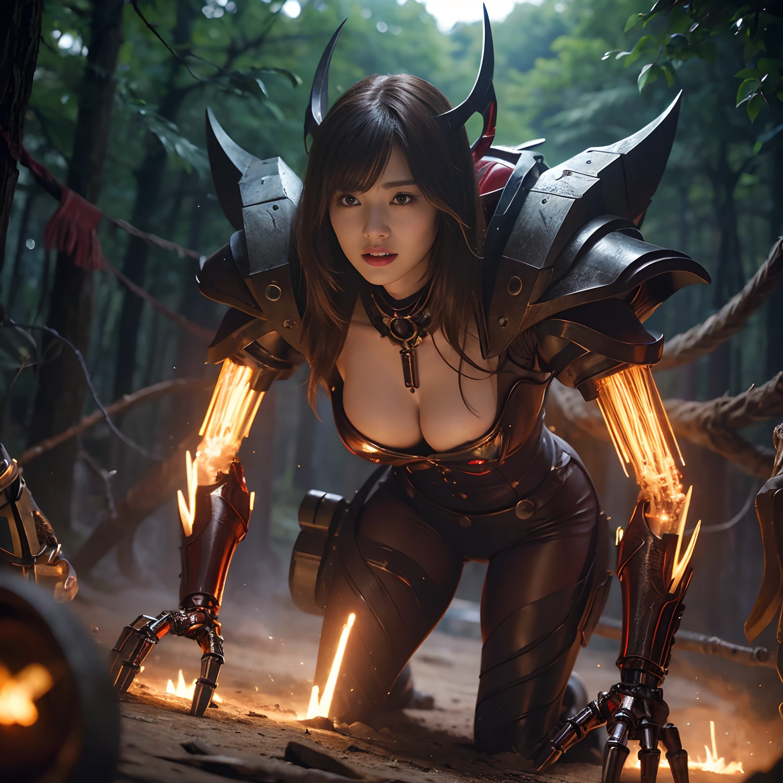 (1 Mechanical Girl)、top-quality、masterpiece、超A high resolution、(Photorealsitic:1.4)、Raw photo、1人、Fight mutants、glowy skin、(((1 Mechanical Girl)))、With a beautiful knife、(Yellow Metal Bodysuit)、(Kobold、ogre、Fierce battle with orcs),(Fight fiercely against aliens)、Fight fiercely、(beautiful forest background)、(Fighting Demonic Beasts)、(Small LED)、((super realistic details))、portlate、(Strong giant demon beast background),globalillumination、Shadow、octan render、8K、ultrasharp、Colossal tits、Raw skin is exposed in cleavage、metals、Details of complex ornaments、Japan details、highly intricate detail、Realistic light、(Mystical expression),CGSoation Trends、Red Eyes、radiant eyes、Facing the camera、neon details、(Mechanical limbs)、(blood vessels connected to tubes)、Mechanical vertebrae attached to the back、mechanical cervical attaching to neck、(Wires and cables connecting to the head)、Gundam、Small LED、,Mechanical thighs、Toostock、(Hands are also made of machines)、(Attack of the Monster Beasts)、(Wounded in a deadly battle)、