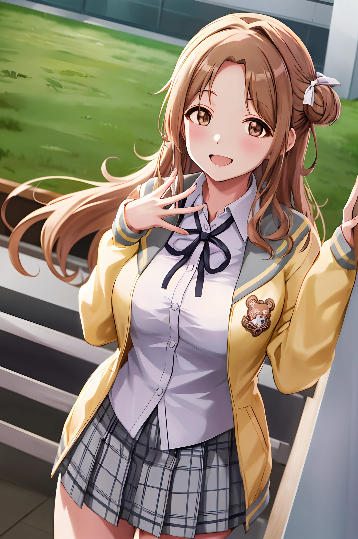 masutepiece, Best Quality, hight resolution, hmhinana, Long hair, single side bun, Hair Ribbon, Neck ribbon, School uniform, White shirt, Yellow cardigan, Open your clothes, Long sleeves, plaid skirts, grey skirt, Pleated skirt,A big smile