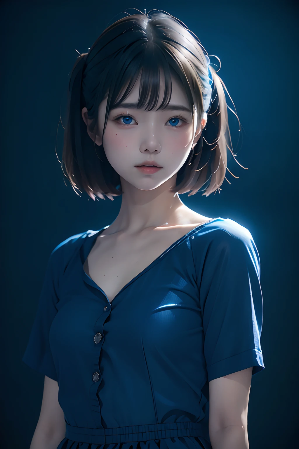 Best Quality, masutepiece, High resolution, (((1girl in))), ,blue attire、((Blue shirt:1.3、Blue Block Dress)), Tindall Effect, Realistic, Shadow Studio, Blue lighting, dual-tone lighting, (High Detail Skins: 1.2) Digital SLR, Photo, High resolution, 4K, 8K, Background blur,Fade out beautifully、Blue World