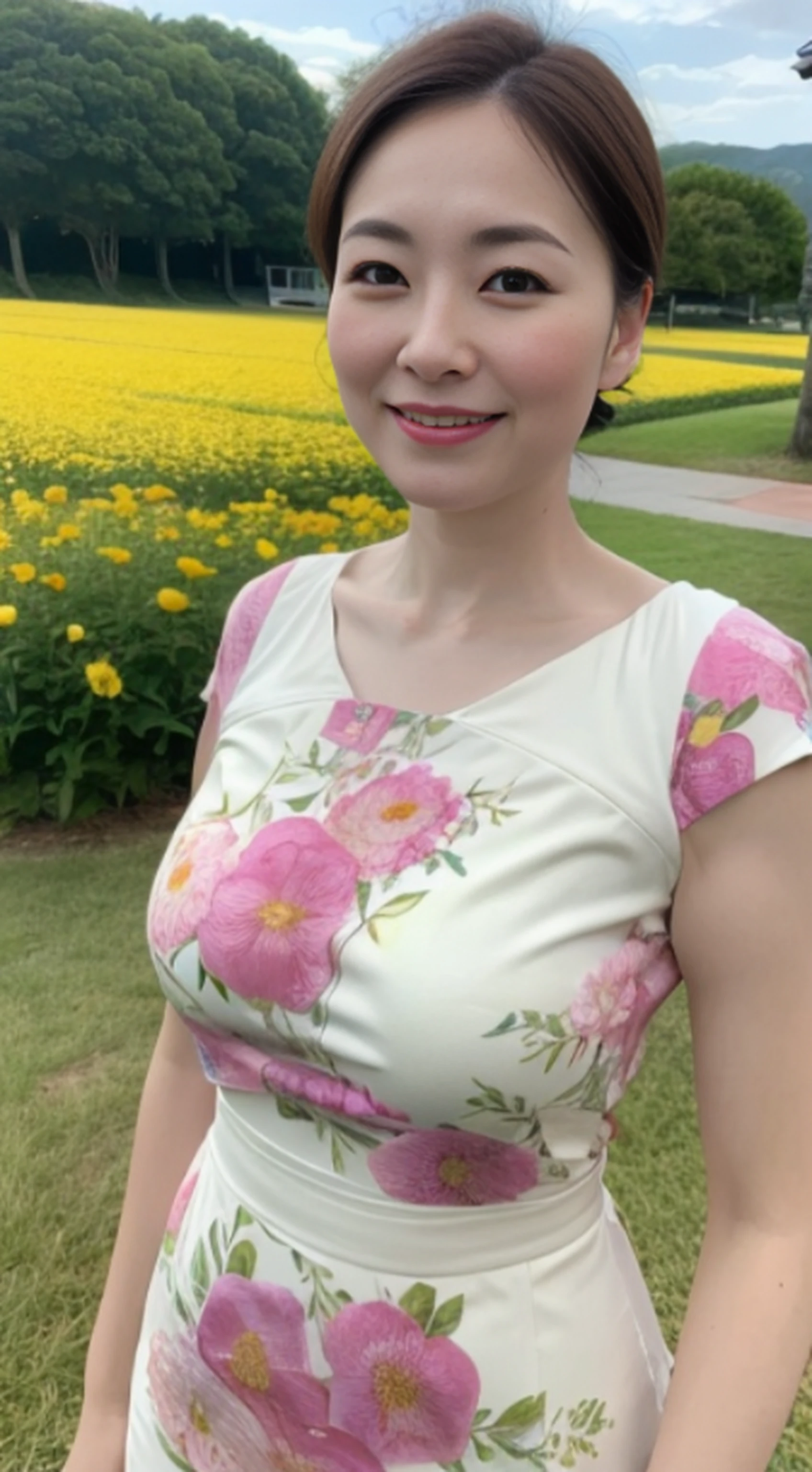 (8K、RAW photography、Photorealsitic:1.3)、47-year-old mature woman，The face is delicate，Elegant feminine，Happy and charming，The fabric of the dress outlines her huge bust with M cups，The clothes conform to her curves，dynamic angle，Clouds and mountains，（flower  field：1.4）In the foreground，white dresses，Light tracing，（Floating colorful wind：1） （realisticlying：1.4），offcial art，Unity 8k壁纸，ultra - detailed，Beautiful and beautiful，tmasterpiece，best qualityer，Glowing skin，cinmatic lighting，Light smile