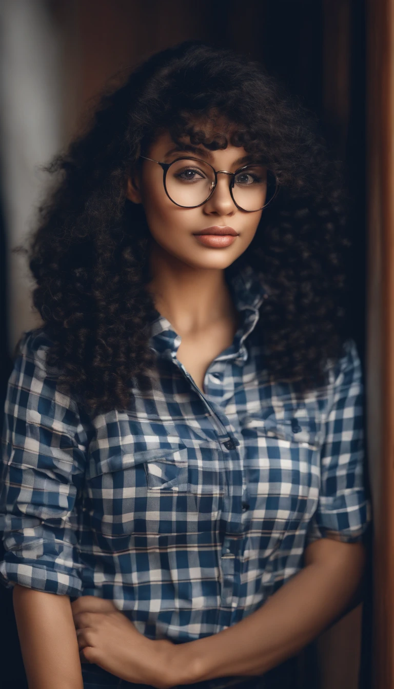Girl with round and short glasses wearing a blue check shirt, cabelos longos pretos, jogos, fundo com o site do Discord, fones de ouvido na na orelha, cores vibrantes, studio lighting