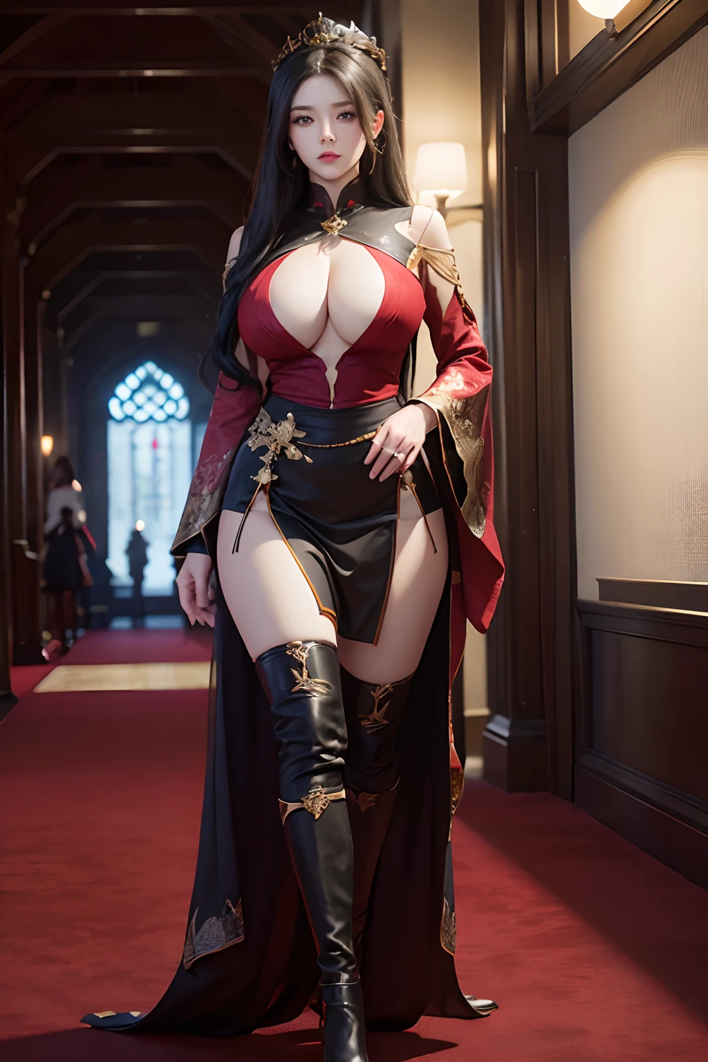 Unreal Engine 5 Realistic Rendering, Excellent, Black hair, Golden eyes, Red group, Looking up, Donghua character, rpgmaker, walking down hallway of Holy palace, Beautiful face, Makeup, top body is hyper realistic thicc muscular and hyper largest_Breasts!! with the type of boobs_melons, lower is huge buttocks, jealous, Hair, Red theme, Bokeh, Masterpiece, A high resolution, 1080p, hyper HD, Masterpiece