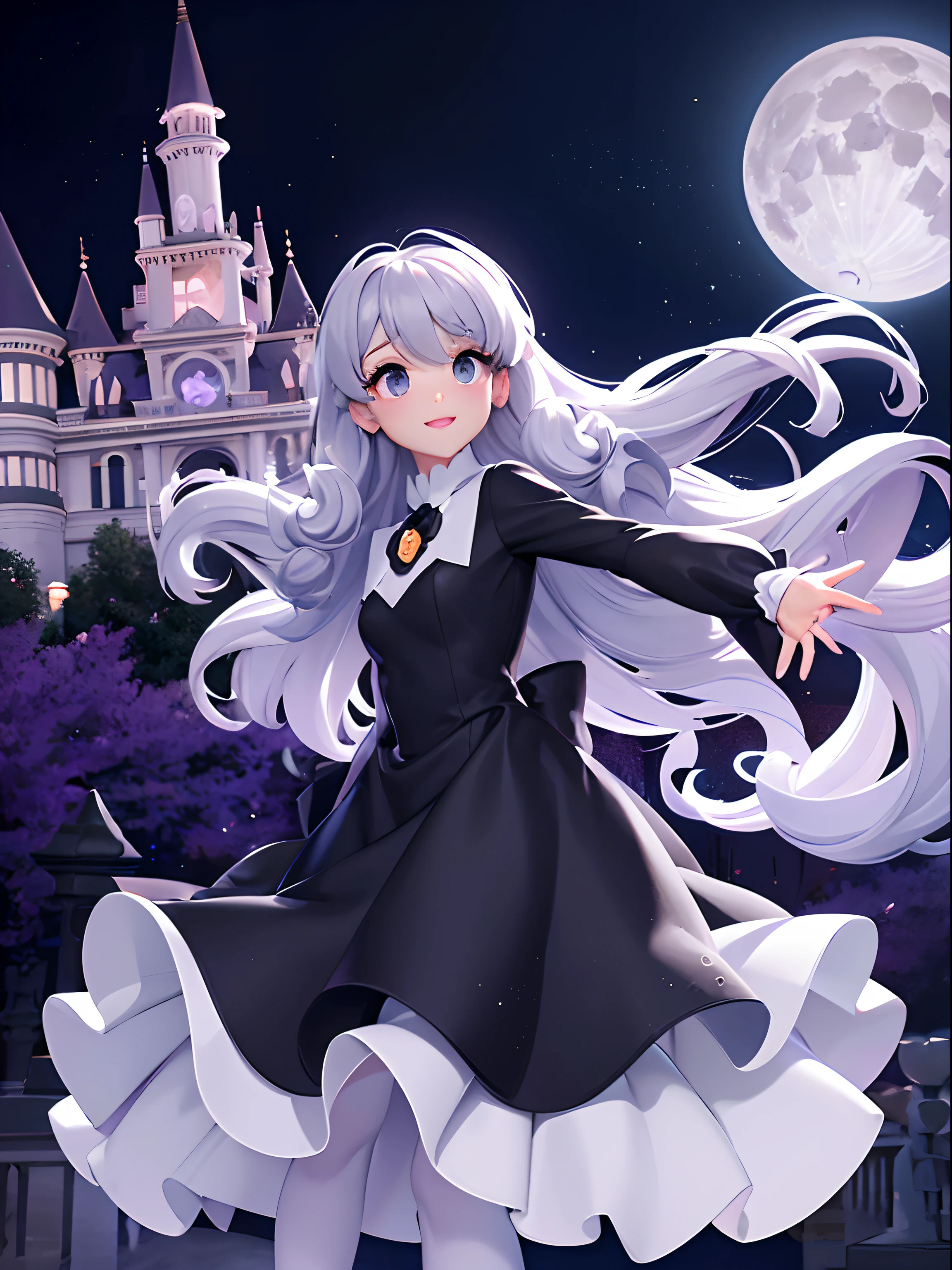 White style of a Disney Pixar cartoon, lavender wavy hair, grey eyes, black modest silk dress, long sleeve , dancing infront of a historic haunted mansion , digital illustration, high resolution, pumpkins , halloween pumkins,white ghosts flying around , ominous vibes,smoke, prism and glitter, full moon,magical, crystals