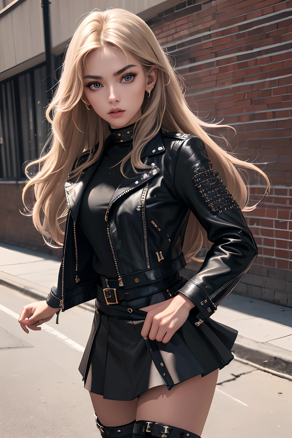 (best quality,highres,masterpiece:1.2),wonderful princess,beautiful detailed face,flowing long hair, stylish studdet belts,edgy leather jacket,sleek leather boots,chic leather skirt,determined gaze,