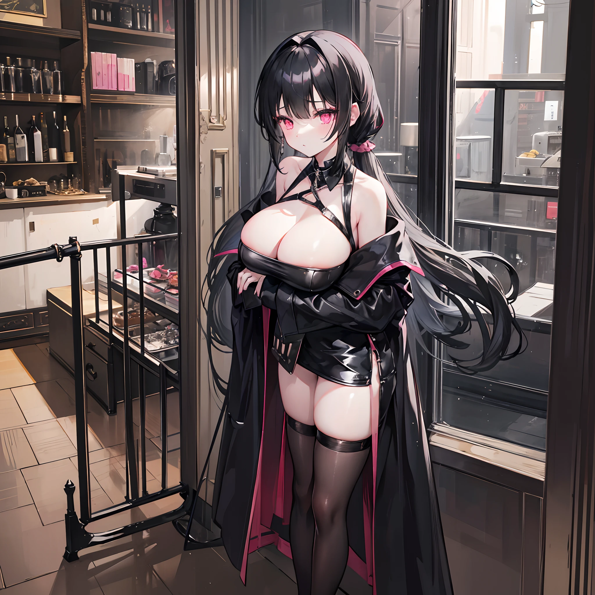 Black double ponytail,Hair curtains。long whitr hair,Pink eyes,Black off-the-shoulder neck coat,Short black leather skirt,Black stocking pantyhose,chiquita,Bad girl,Standing in an antique room,ellegance,huge tit