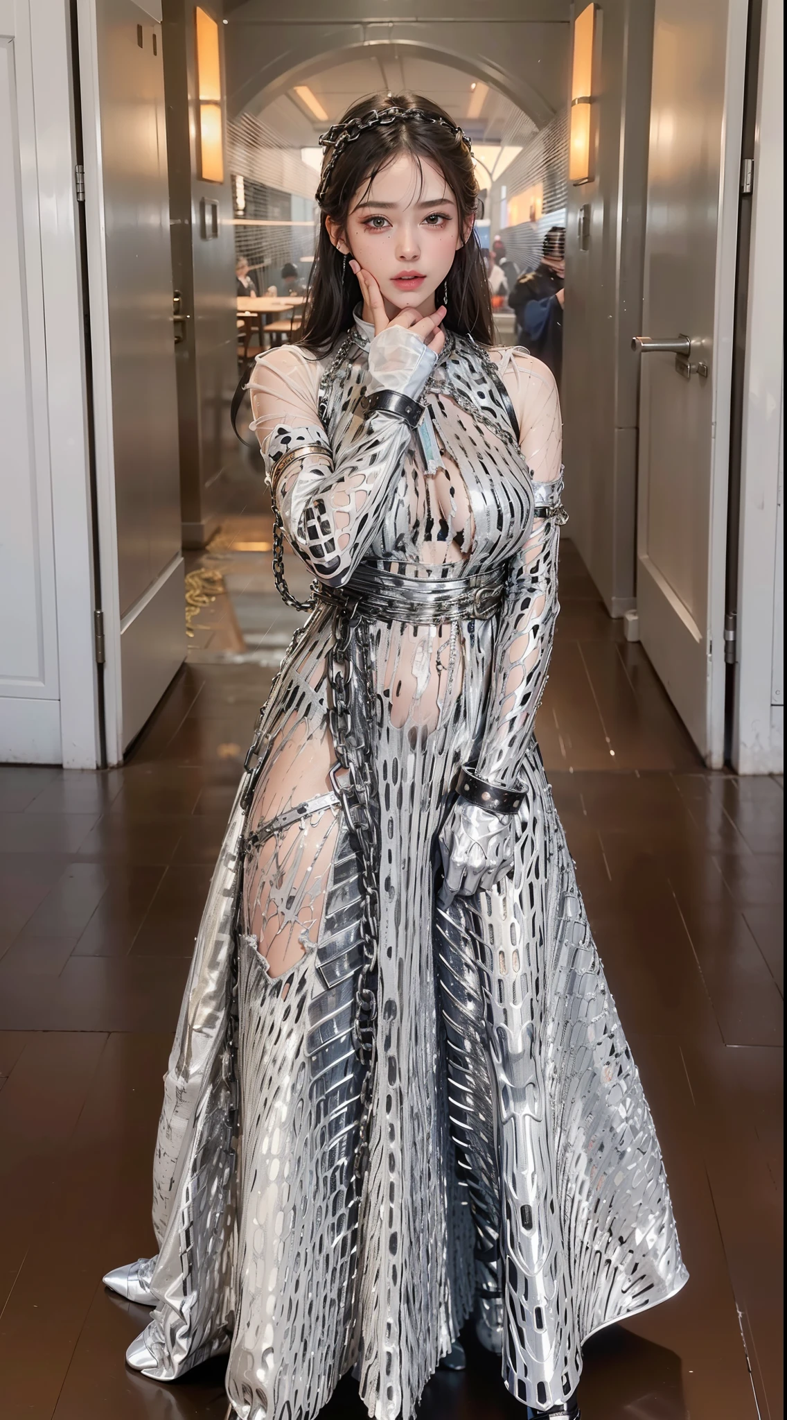 ,((Wearing a torn sheer costume of a superheroine)),(, No bra)), Wet crotch, Wet thighs, Beautiful girl with accentuated slender abs: 1.4, (((nipple tips protruding, areola is protruding, The shape of the pubic region is clearly visible)), sixpack abs: 1.4, Bust Botox, Photo, Sharpness, Unique 850 4, Koda850 k portrait camera, F1.6 shots, Ultra-realistic textures, Spectacular light textures, Cinestil 800 Fashion Mechanics, (futuristic sci-fi battle fashion: 1.1), (tied perfectly by chain), Restraint, Slaves, collars, ((wide prison with sunlight)), Dark fantasy, Realistic material details, extreme hight detail, Ultra-realistic materials ((Torn costume))), Wet, Cloudy, (Chained)), ((big emphasized by chains)), ((chains digging into crotch)), ( (Collar)), (, No bra), shredded costumes, broken golden shields and battle spears,, White combat gloves, Combat shoulder armor, Blood splattered on the face, Blood splattered, Realistic, (Bruises, Dirty, ripped clothing, skimpy clothing, Blood: 1.3), Torn Cape, Torn pantyhose, Long legs, ((iron pipe in the crotch)), Metallic shackles and fetters, ((chains hung from heaven)), Wet crotch is clearly visible, Swarovski's sword and the anatomy beneath his feet, (futuristic sci-fi battle fashion, Torn mesh stockings),Finger repair,Toe repair