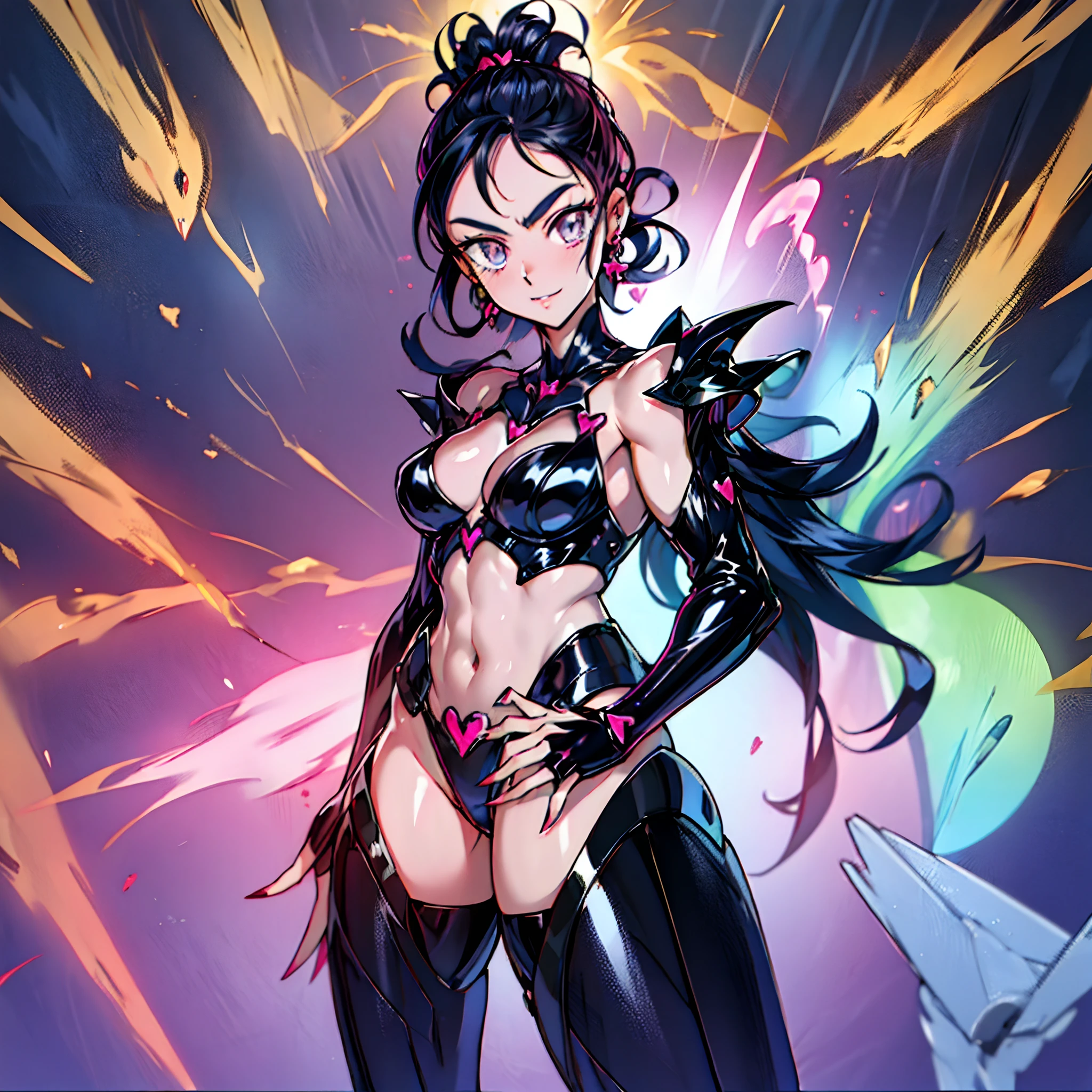 An evil magical girl in a skimpy outfit stands alone. Her costume is made up of latex fabric and transparent tights. She wears sharp black bikini armor. A hair ornament with sharp angles on her head. Sharp claws on her fingertips. A heart tattoo around her navel. pink eyes that shine with light. Futuristic machines in the background