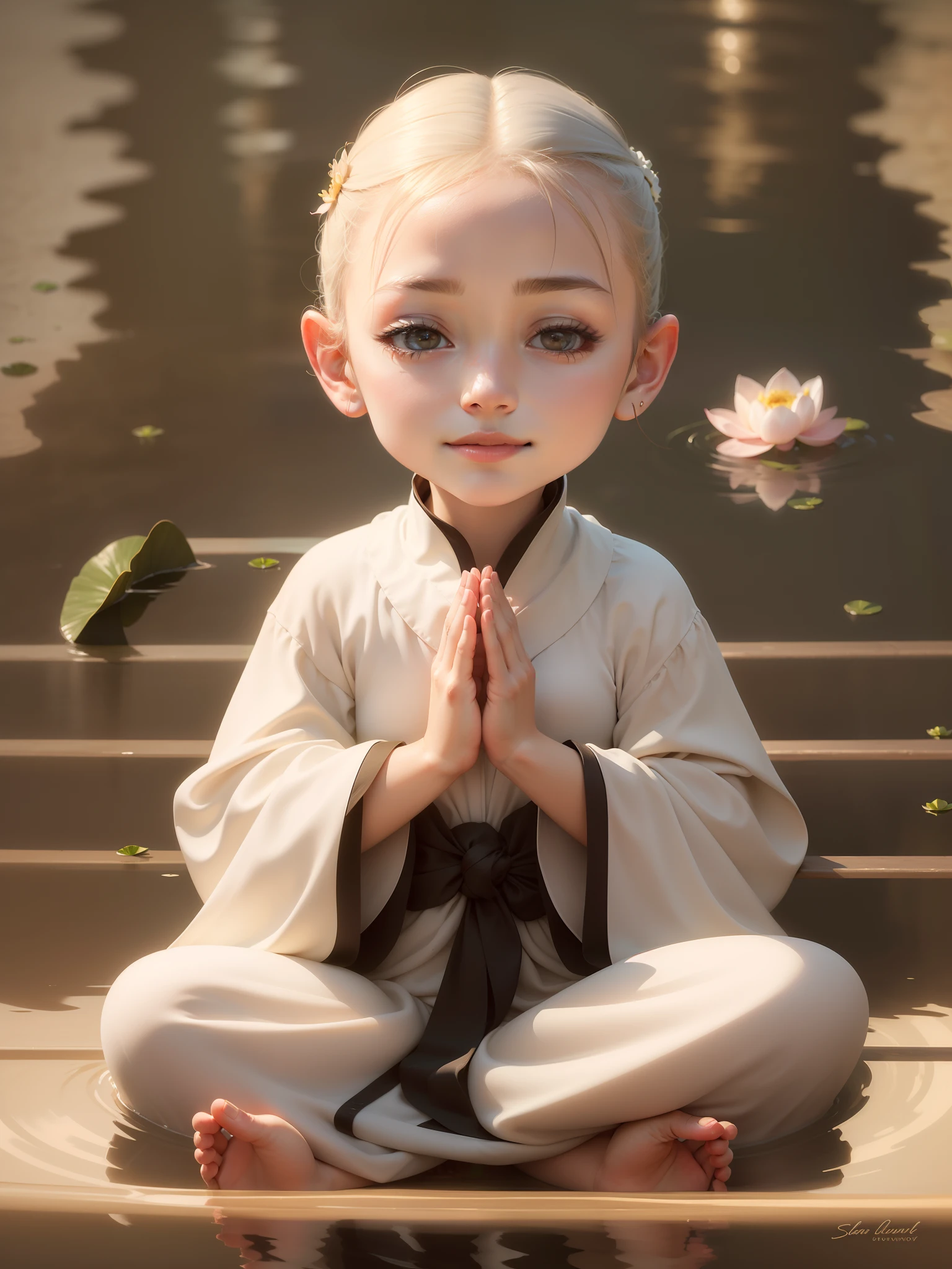 The calm and serenity of the lotus, Delicate petals in full bloom, Reflected in the tranquil water, Bright colors create a captivating scene, Best quality, Ultra-detailed, Vivid colors, Sharp focus, Soft sunlight illuminates the flowers, Creates a soft glow, artsy photography, A symbol of purity and beauty,ssmile