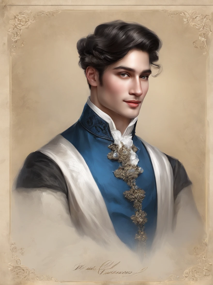 Handsome Renaissance nobleman. In photograph style. Realistic. Masterpiece. Renaissance fashion is characterized by dressy and elegant design。Ruffles and laces、2. **hairstyle on**: Men's hairstyles in the Victorian era are often short and neat with longer hair tied up in a pony tale。3. **Features**: Man's facial features with elegant features、Handsome、vulpine、Sly, welcoming, smiling, vulpine grin, friendly. Clothes, Dublet, blue and black. Long Black Hair. Ponytail. Wears a golden broach. The broach is in the form of a bird.