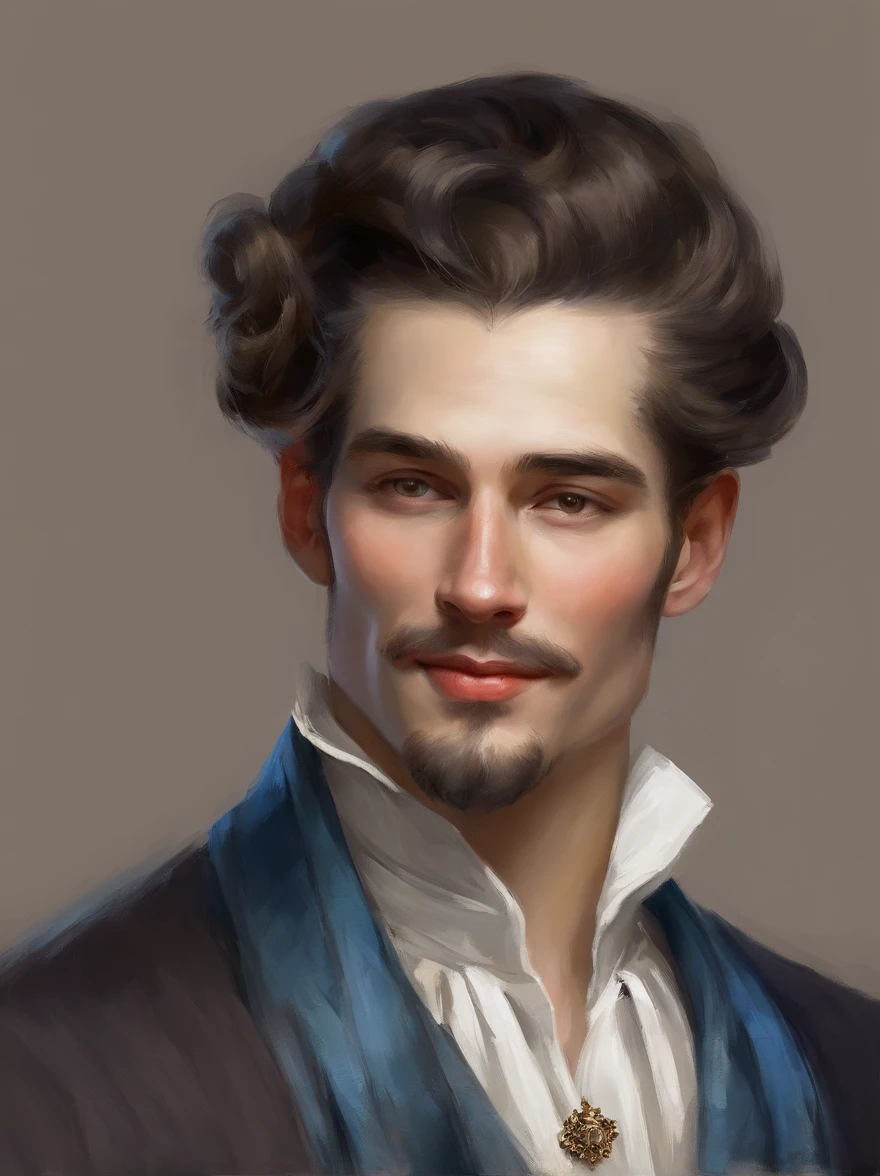 Handsome Renaissance nobleman. In photograph style. Realistic. Masterpiece. Renaissance fashion is characterized by dressy and elegant design。Ruffles and laces、2. **hairstyle on**: Men's hairstyles in the Victorian era are often short and neat with longer hair tied up in a pony tale。3. **Features**: Man's facial features with elegant features、Handsome、vulpine、Sly, welcoming, smiling, vulpine grin, friendly. Clothes, Dublet, blue and black. Long Black Hair. Ponytail. Wears a golden broach. The broach is in the form of a bird.