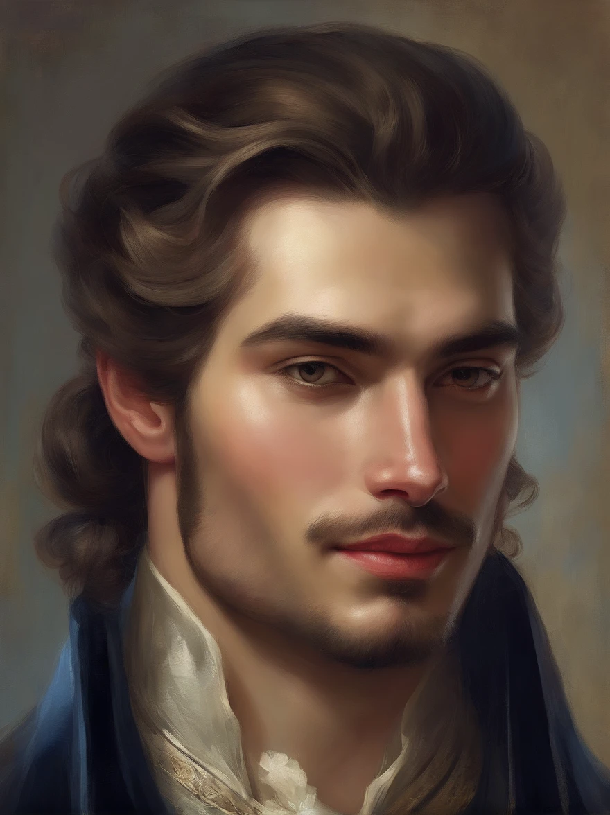 Handsome Renaissance nobleman. In photograph style. Realistic. Masterpiece. Renaissance fashion is characterized by dressy and elegant design。Ruffles and laces、2. **hairstyle on**: Men's hairstyles in the Victorian era are often short and neat with longer hair tied up in a pony tale。3. **Features**: Man's facial features with elegant features、Handsome、vulpine、Sly, welcoming, smiling, vulpine grin, friendly. Clothes, Dublet, blue and black. Long Black Hair. Ponytail. Wears a golden broach. The broach is in the form of a bird.