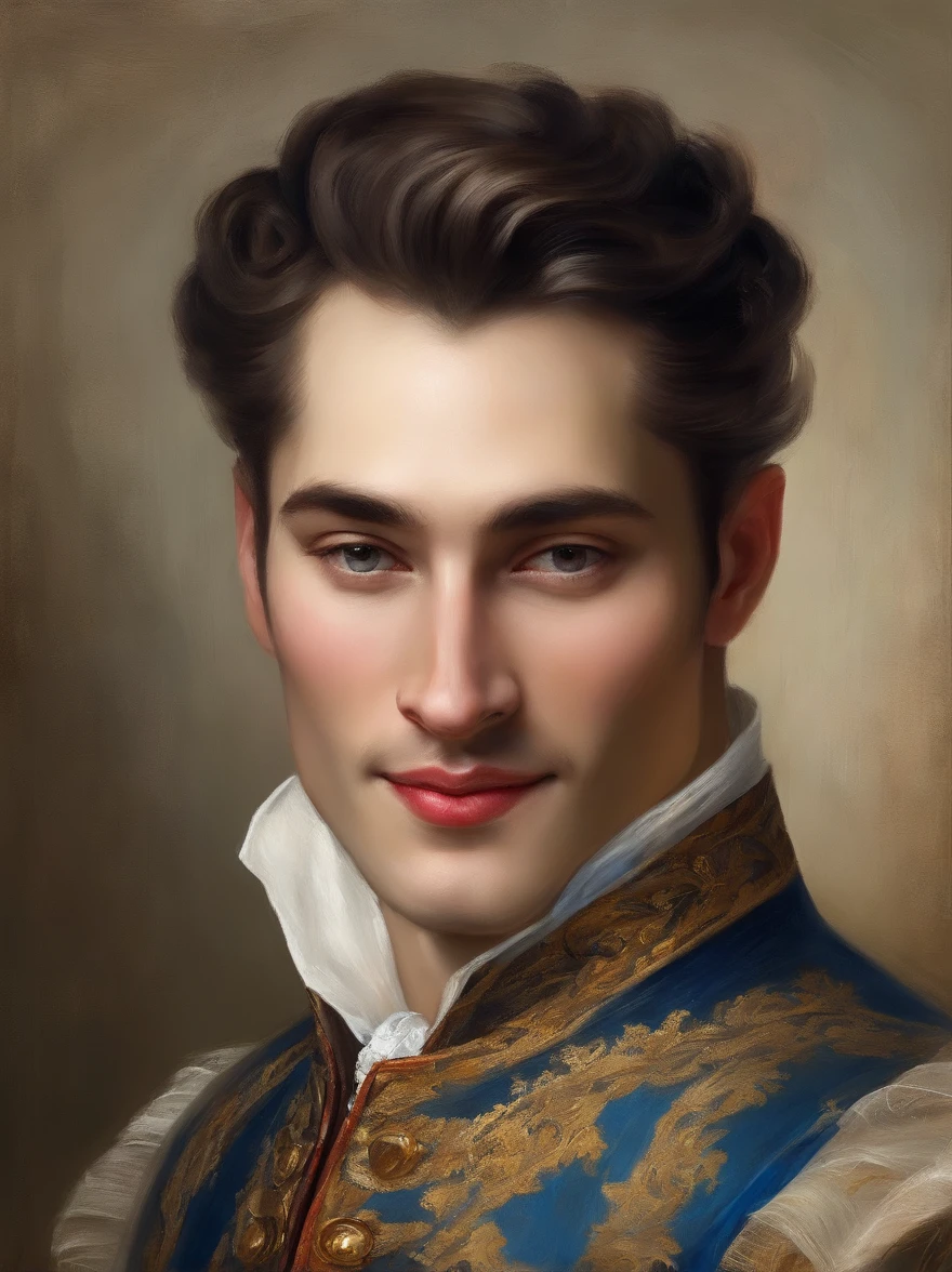 Handsome Renaissance nobleman. In photograph style. Realistic. Masterpiece. Renaissance fashion is characterized by dressy and elegant design。Ruffles and laces、2. **hairstyle on**: Men's hairstyles in the Victorian era are often short and neat with longer hair tied up in a pony tale。3. **Features**: Man's facial features with elegant features、Handsome、vulpine、Sly, welcoming, smiling, vulpine grin, friendly. Clothes, Dublet, blue and black. Long Black Hair. Ponytail. Wears a golden broach. The broach is in the form of a bird.