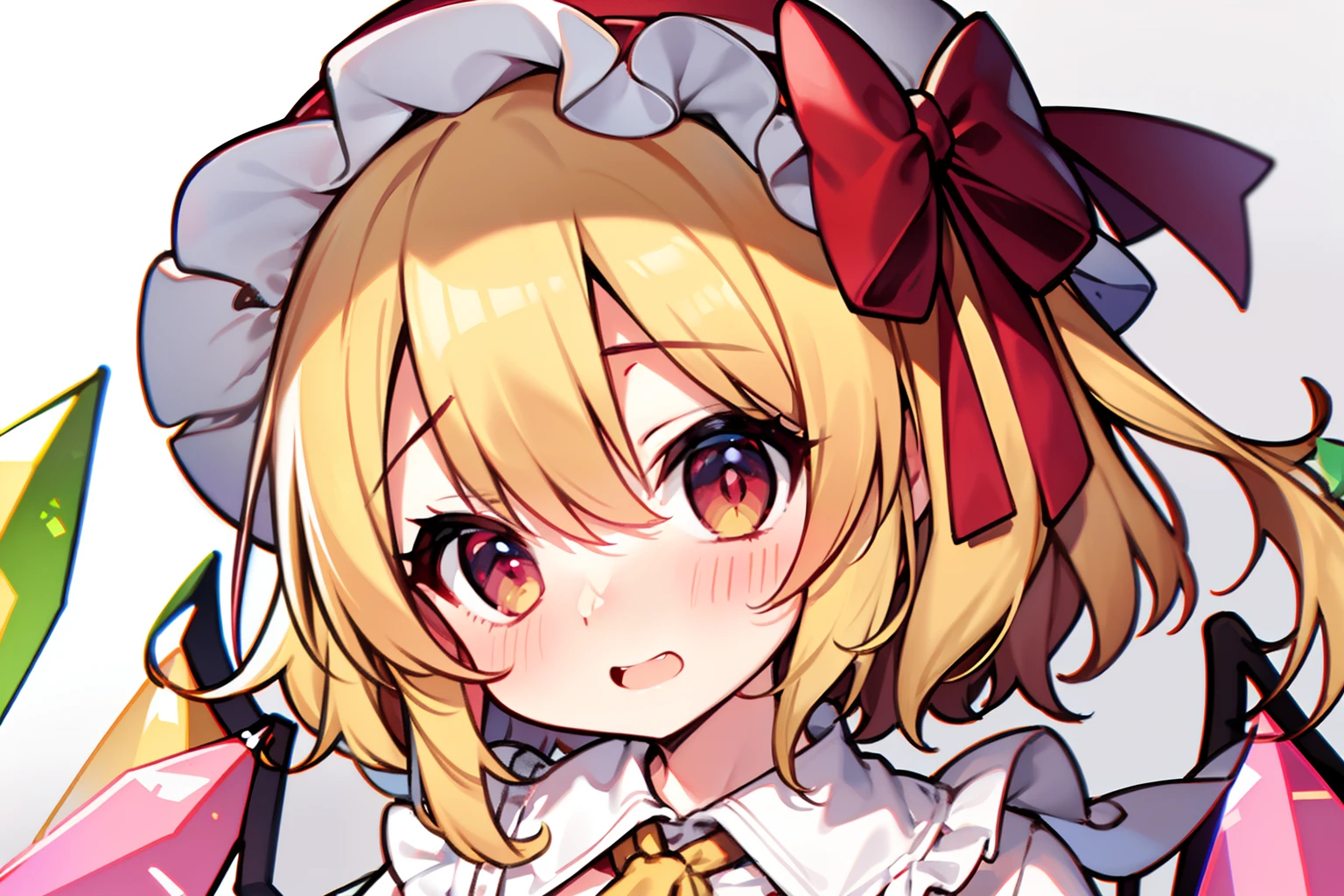 Flandre Scarlet、 beautiful countenance、(Highlights in the eyes)、Solid white background、embarrassed from、bright yellow hair、shortsleeves、Petite