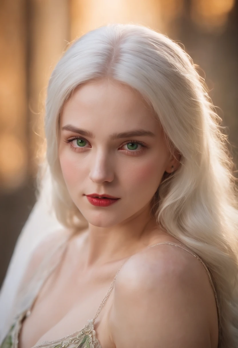 (((a deep reddish wound crosses her left cheek))) fair complexion, woman around 19 years old, natural white hair, distinctive green eyes, wearing kohl, slender and graceful, beautiful, candlelight in a medieval setting, ultra sharp focus, realistic shot, medieval female clothes, tetradic colors (scar:1.4) nsfw