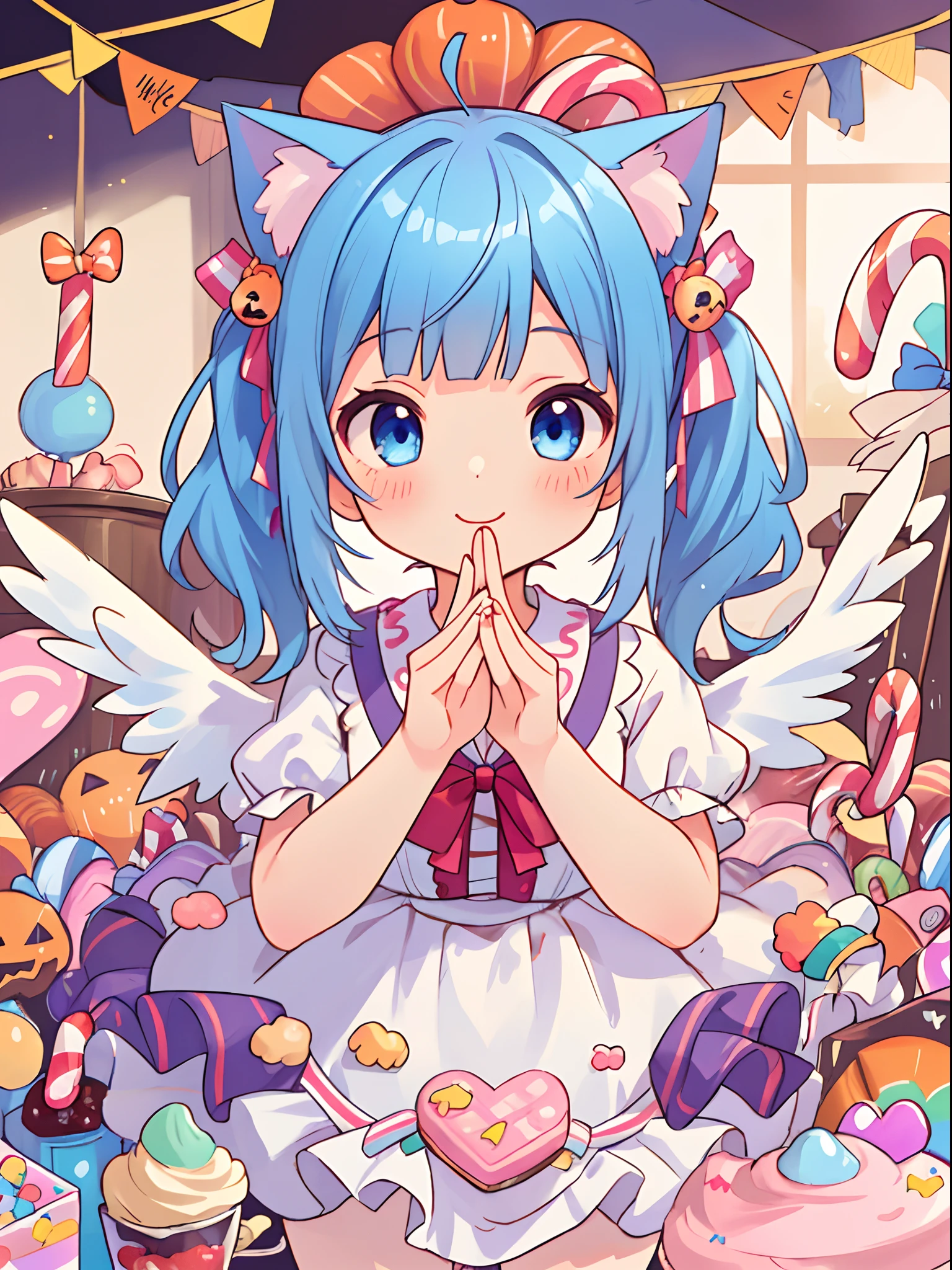 {UHD, vibrant colors, official art, girl, masterpiece, sharp focus, best quality, playful patterns}
{blue hair, twin tails, long hair, cat ears, fluffy hair in ears}
{ultra-detailed eyes, blue eyes, cheerful expression:1.5, rosy cheeks, bright curious eyes}
{adorable confectionery-themed costume that reflects the sweet and playful atmosphere of the factory, ta fashion, cute confectionery outfit resembling a mix of candy wrappers}
{White wings:1.5}
BREAK
{candy factory in preparation for Halloween, oversized candy canes, lollipops, swirling candy floss machines}
{nice hands, perfect hands}
